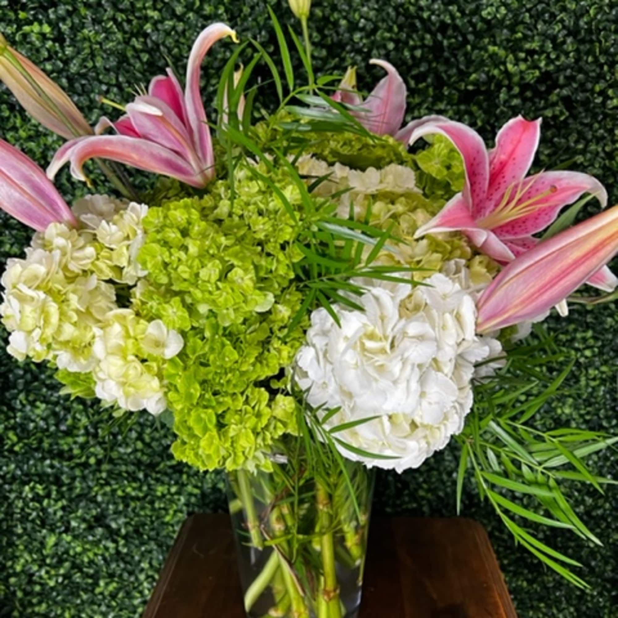 A gorgeous display of hydrangeas and stargazer lilies. 