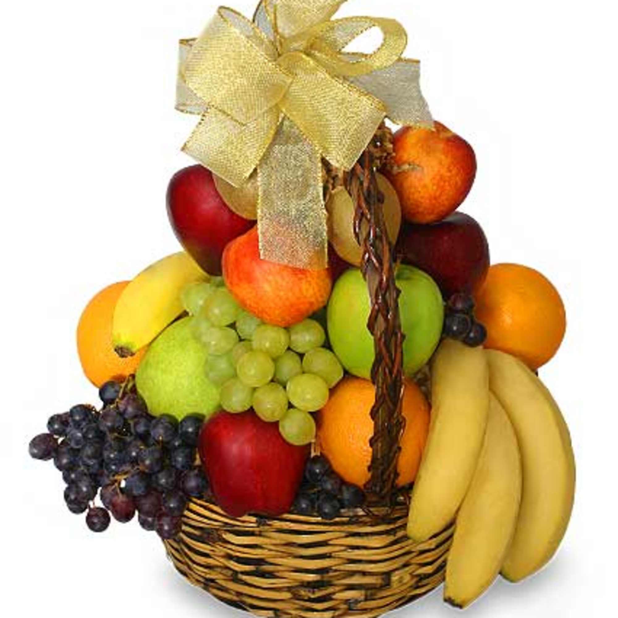 Fruit basket with apples, grapes, bananas, and oranges topped with a gold bow