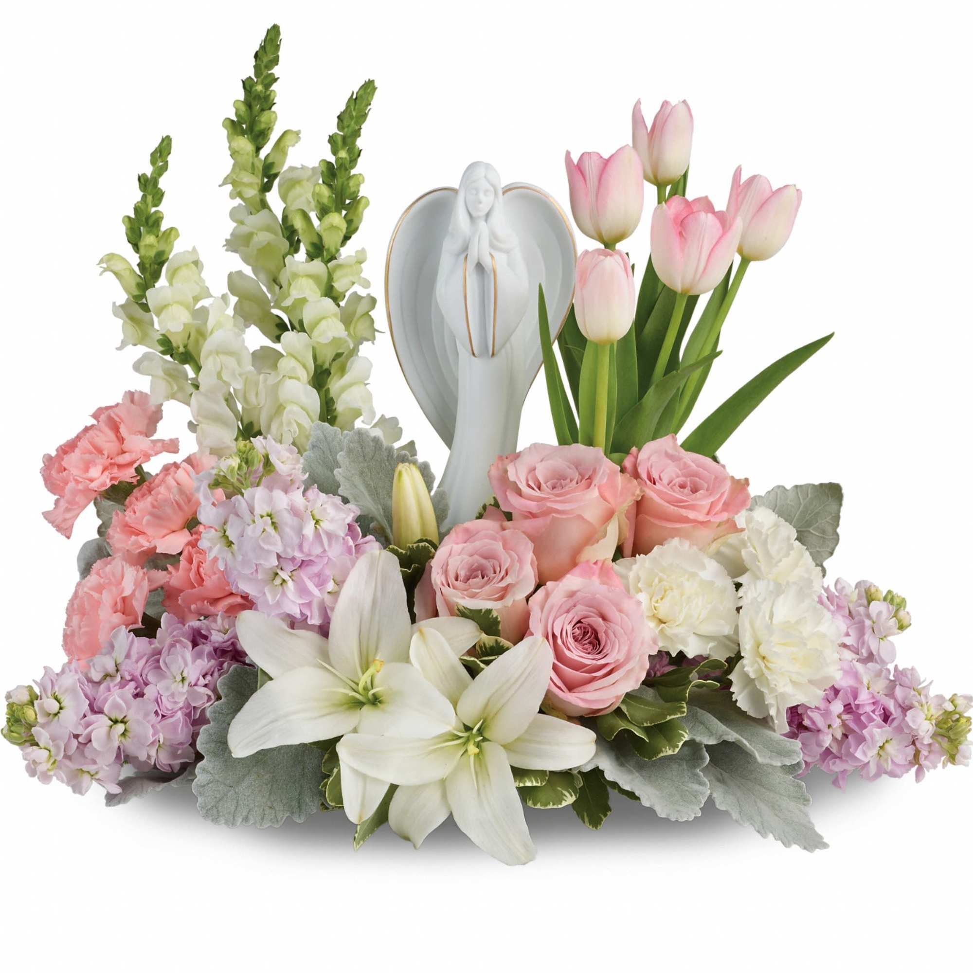 Pastel floral arrangement with roses, tulips, lilies, and snapdragons around an angel figurine