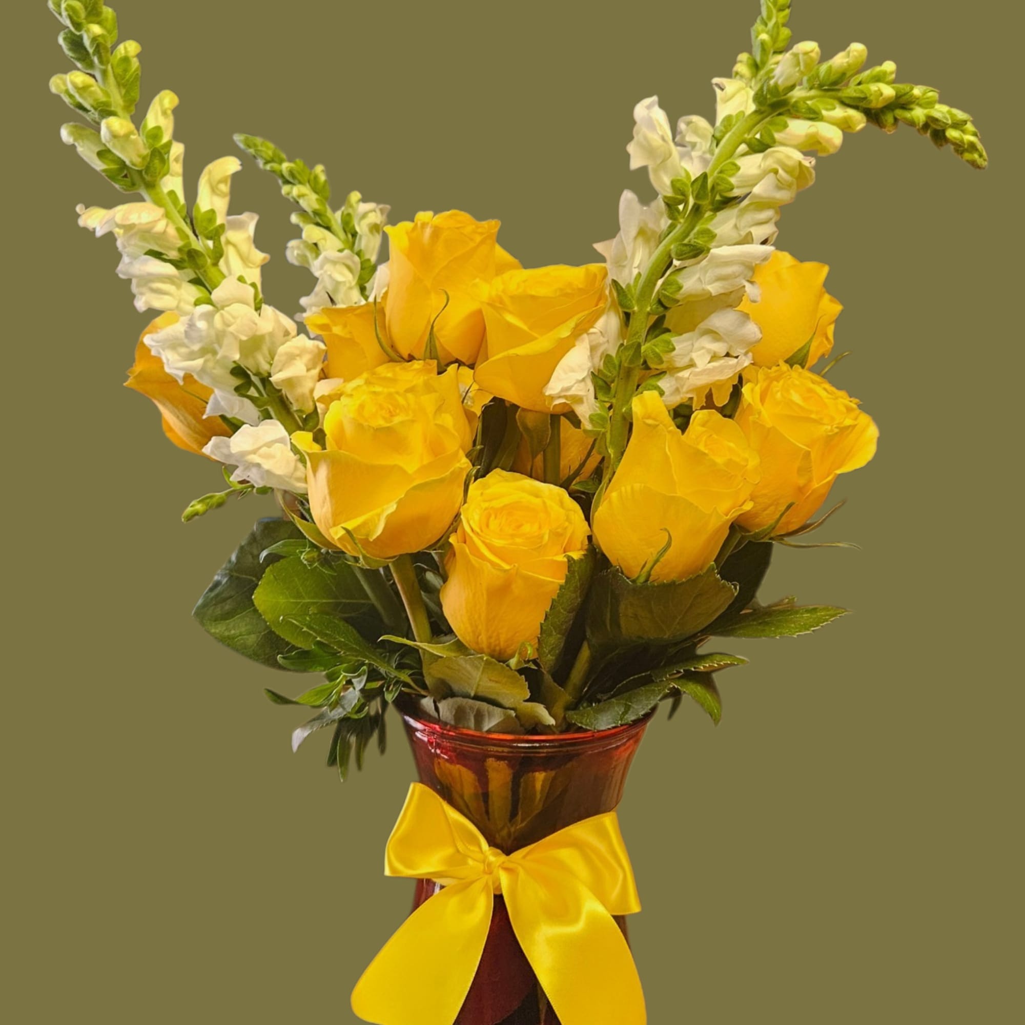 Bright yellow roses gathered into a rounded cluster make an immediate sunny