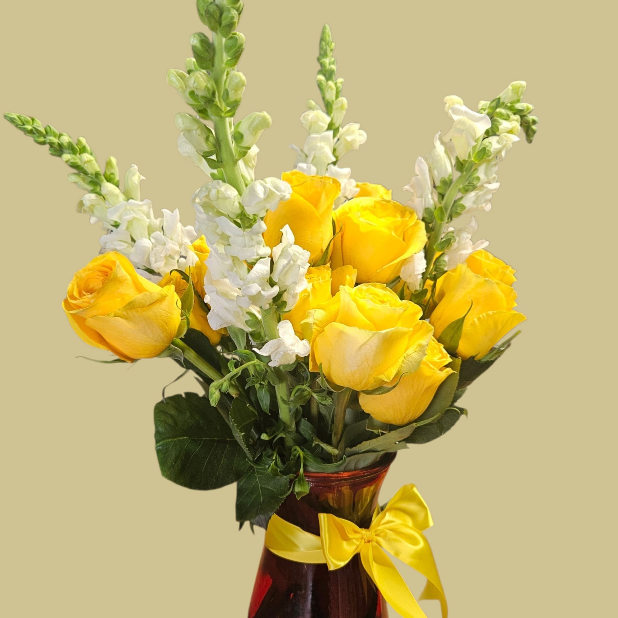 Bright yellow roses gathered into a rounded cluster make an immediate sunny