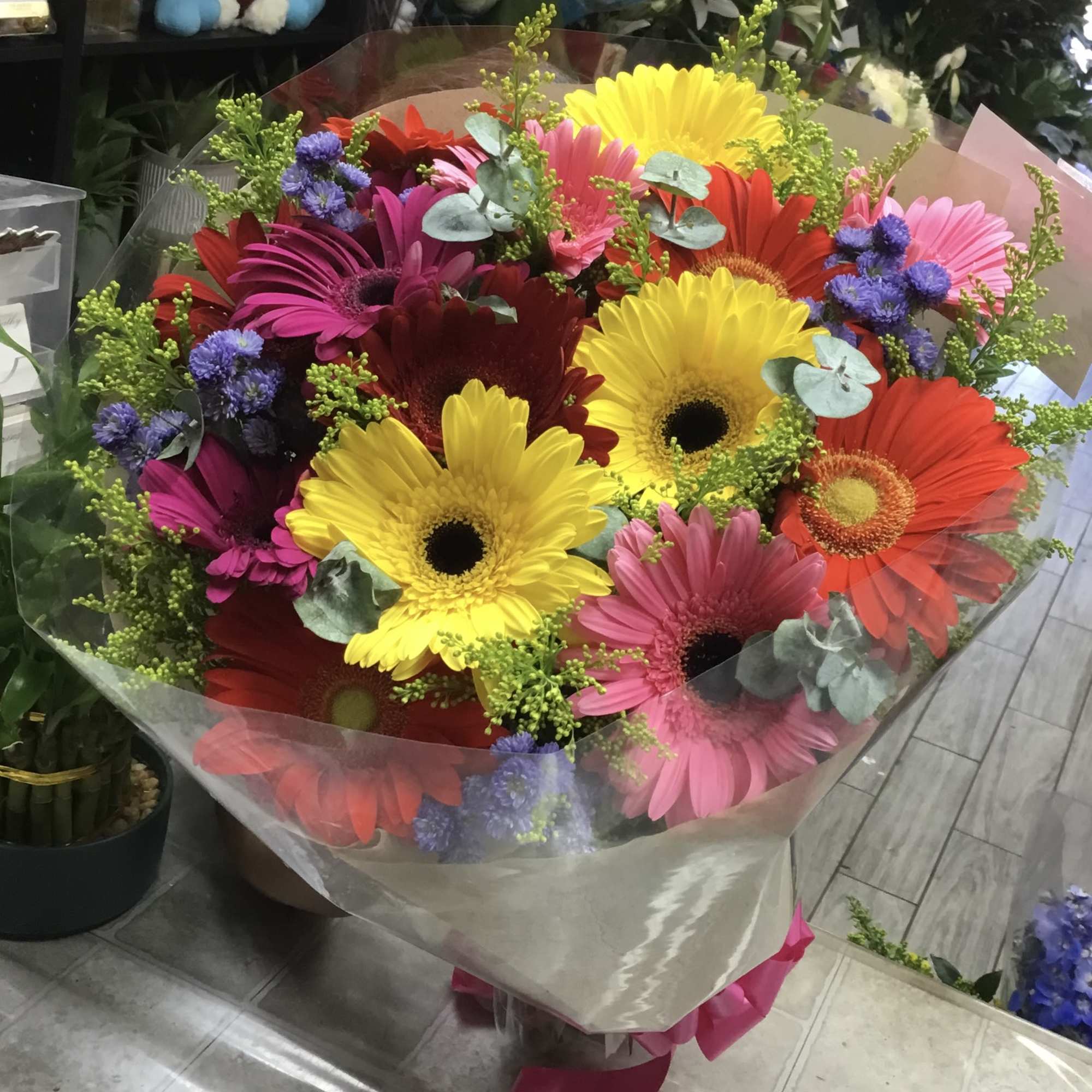 Bright mixed gerbera daisy bouquet wrapped in clear paper