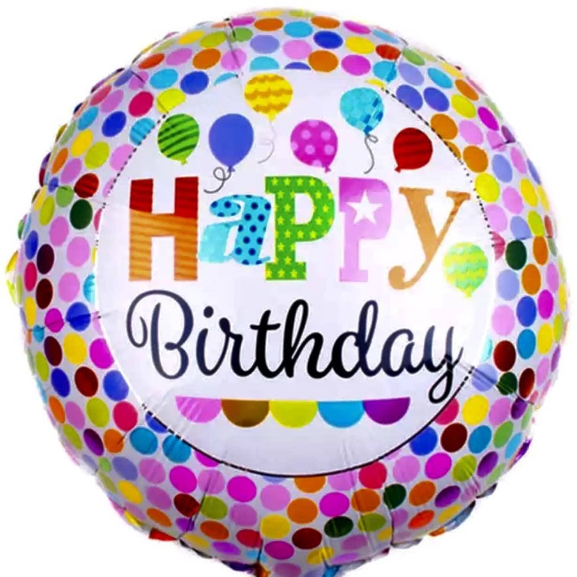 Round birthday balloon with colorful polka dots and "Happy Birthday" text