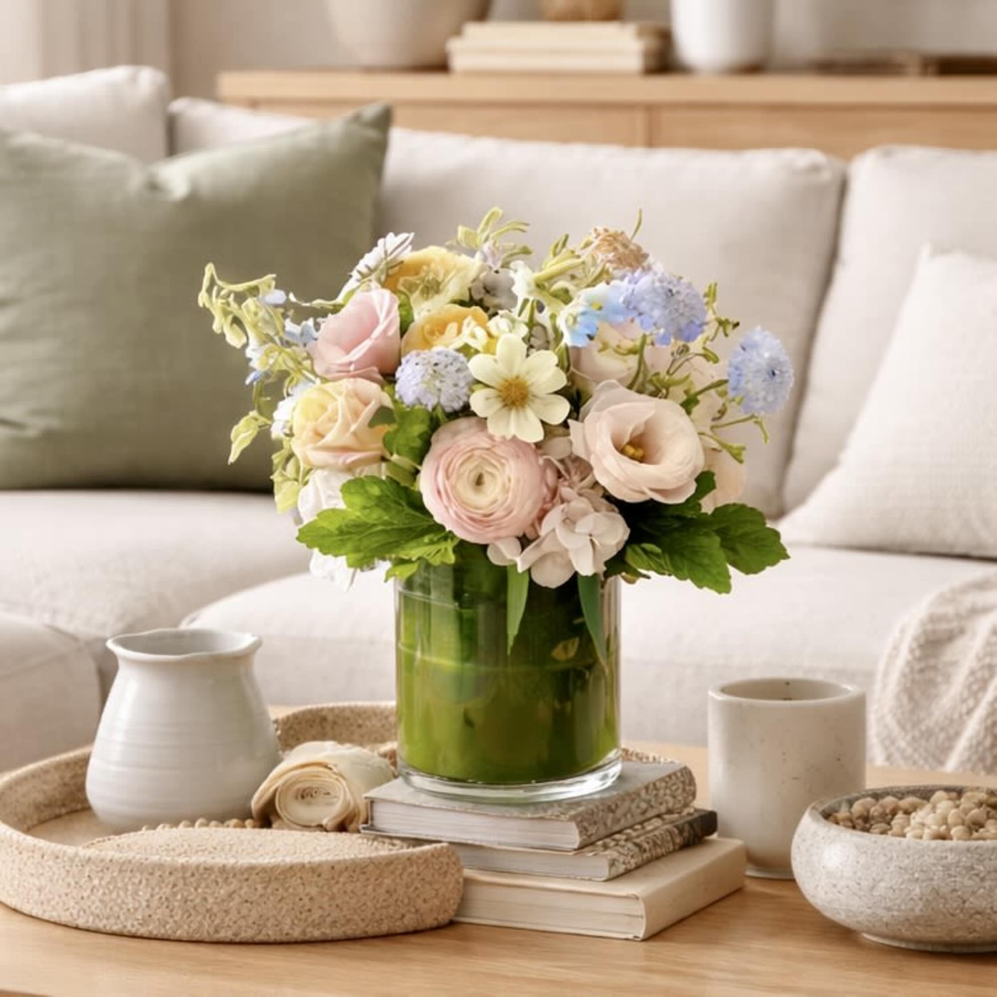 Pastel flower bouquet in a clear glass vase on stacked books
