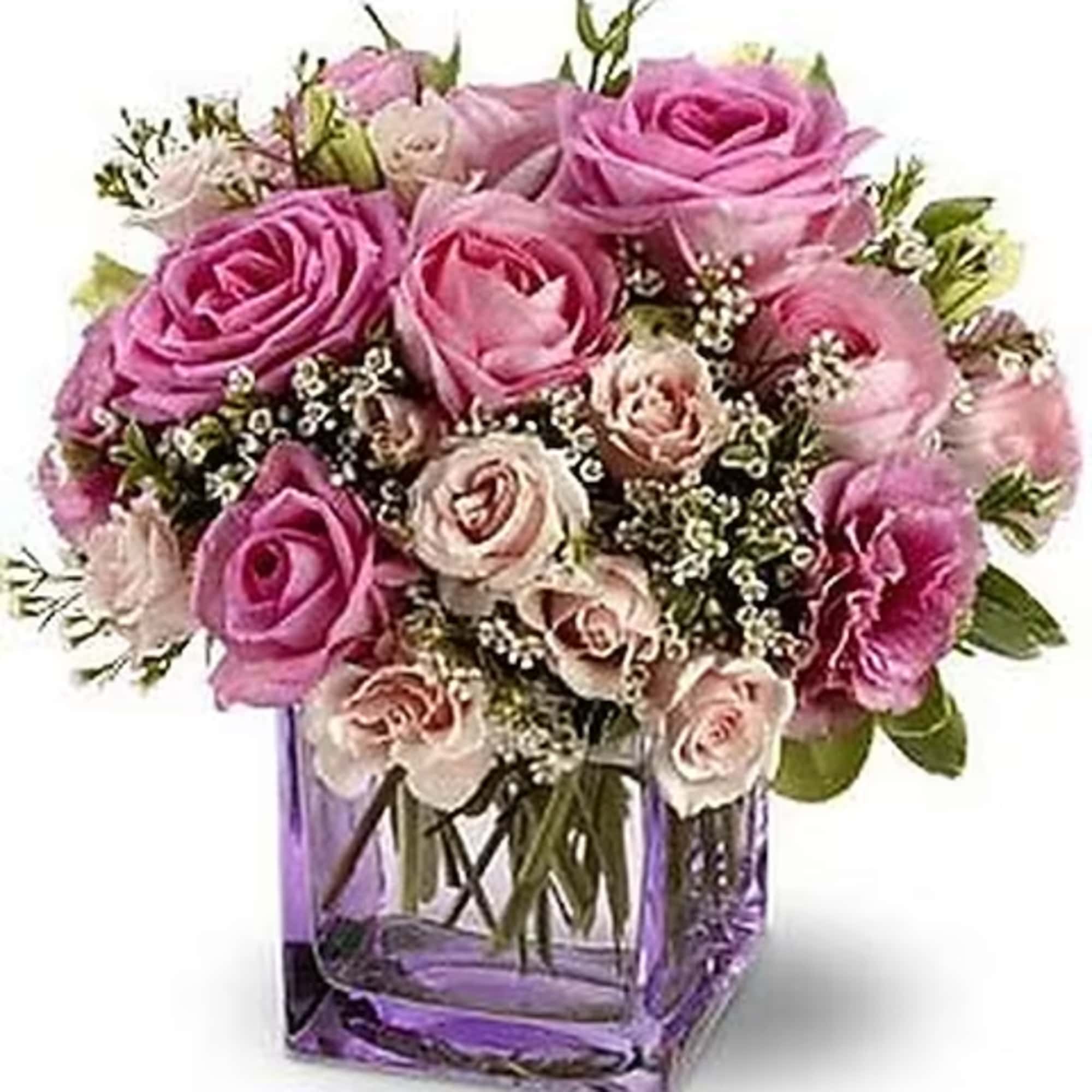 Fragrant lavender and pink roses create a sweet treat when nestled together