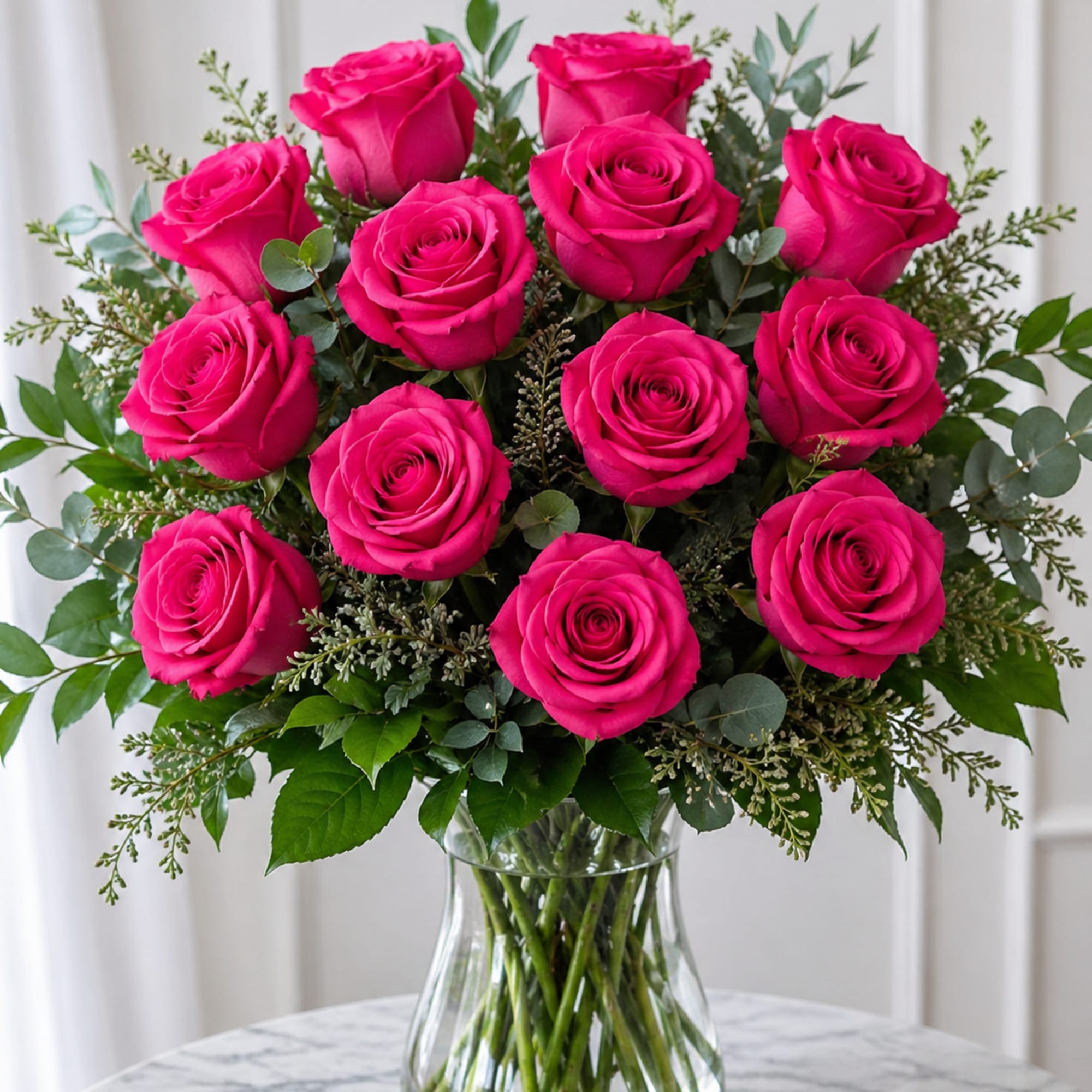 Hot love pink roses 12/18/24 in a vase, arranged with delicate greens