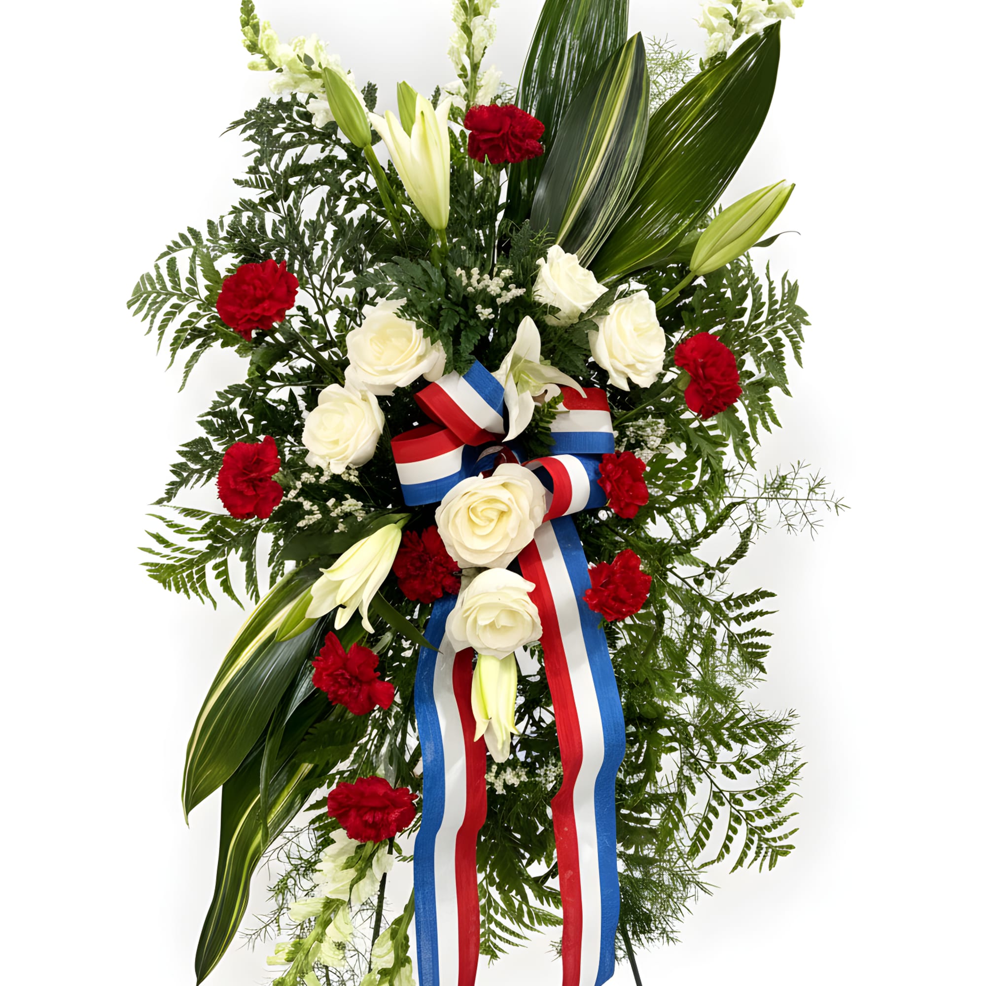 A tall, formal standing spray that reads with solemn dignity-perfect as a