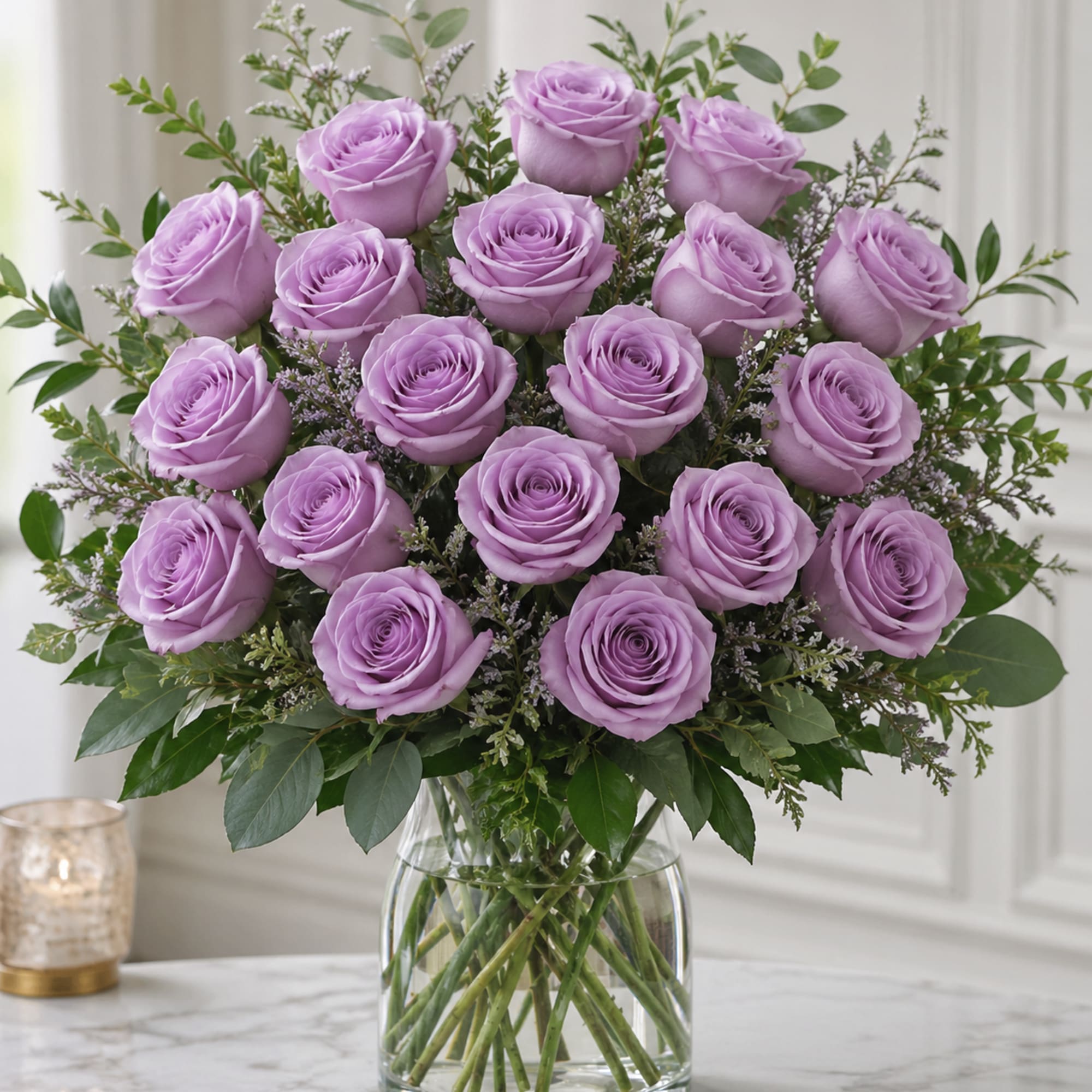 An enchanting bouquet of lavender roses sweetly touches her heart. Paired with