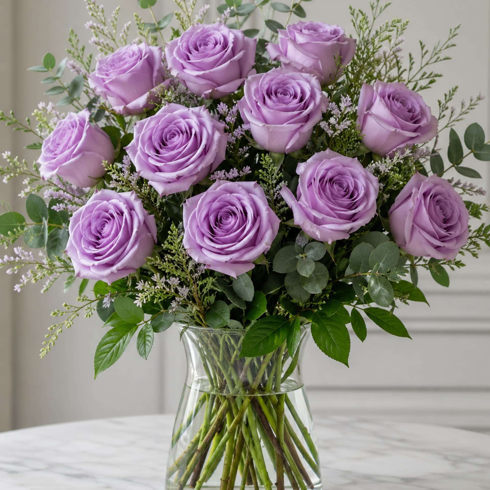 An enchanting bouquet of lavender roses sweetly touches her heart. Paired with