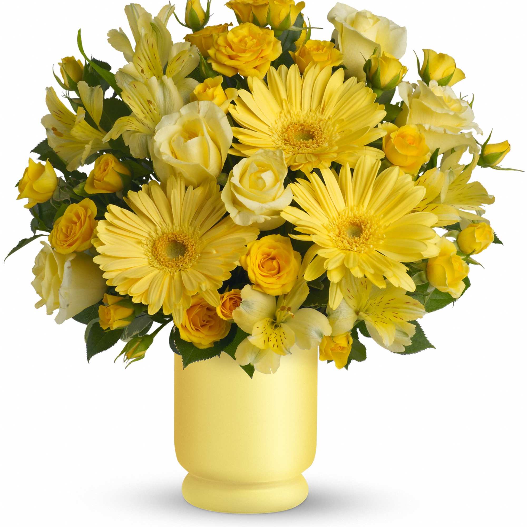 Yellow roses and gerbera daisies arranged in a yellow vase