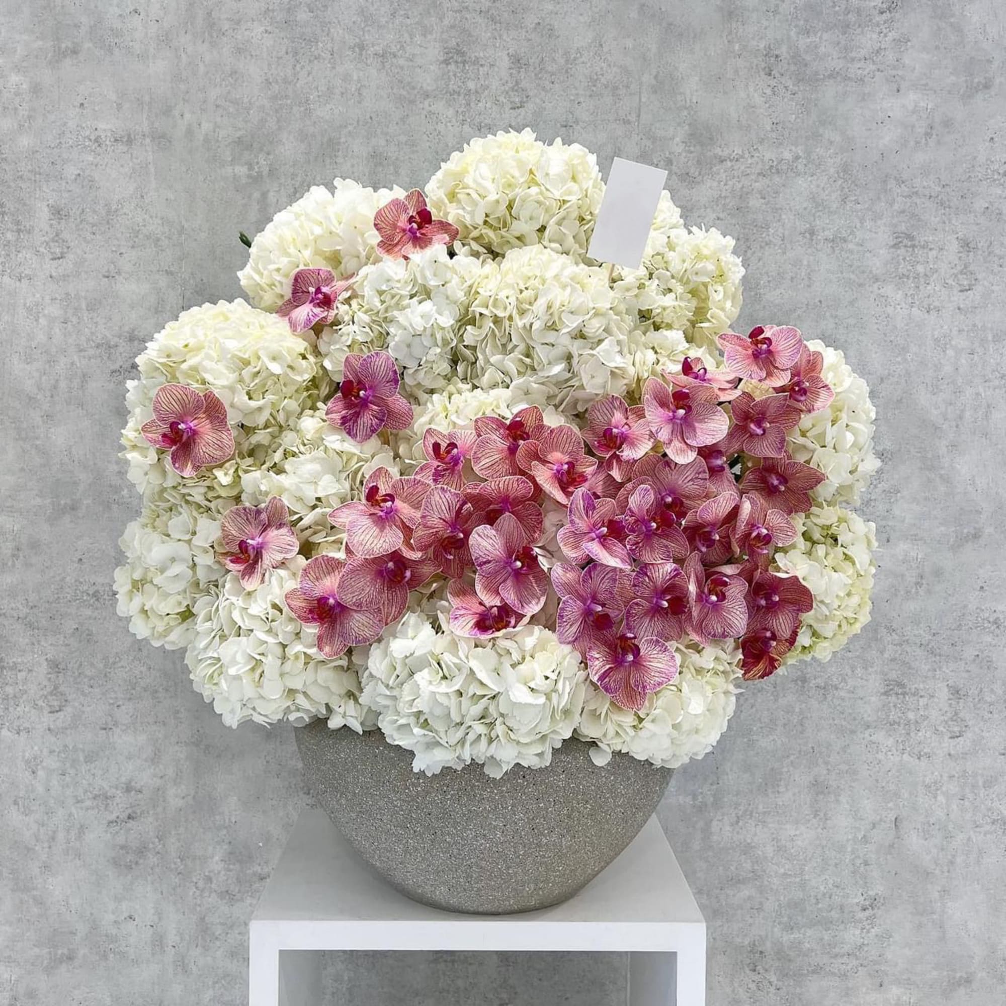 White hydrangea arrangement with pink orchids in a gray vase