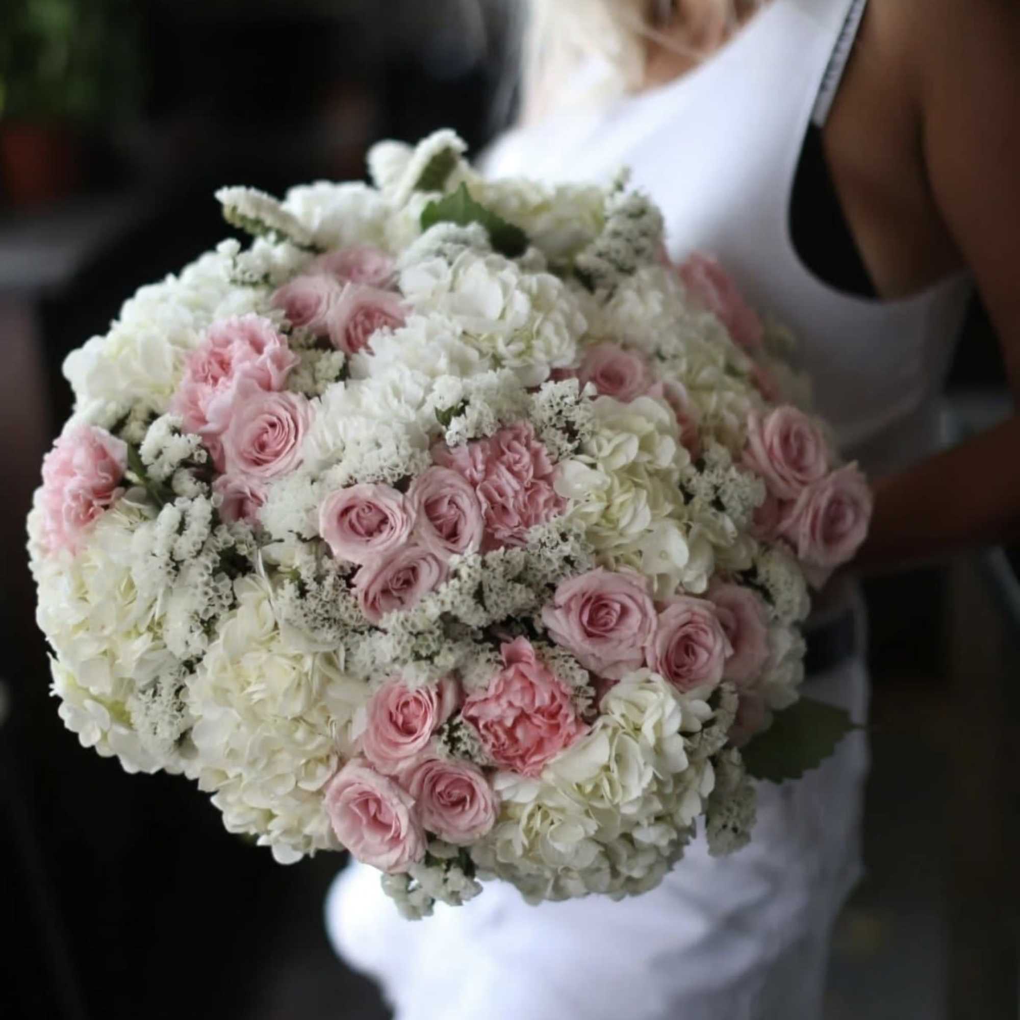 A soft and elegant bouquet designed with blush pink roses, spray roses