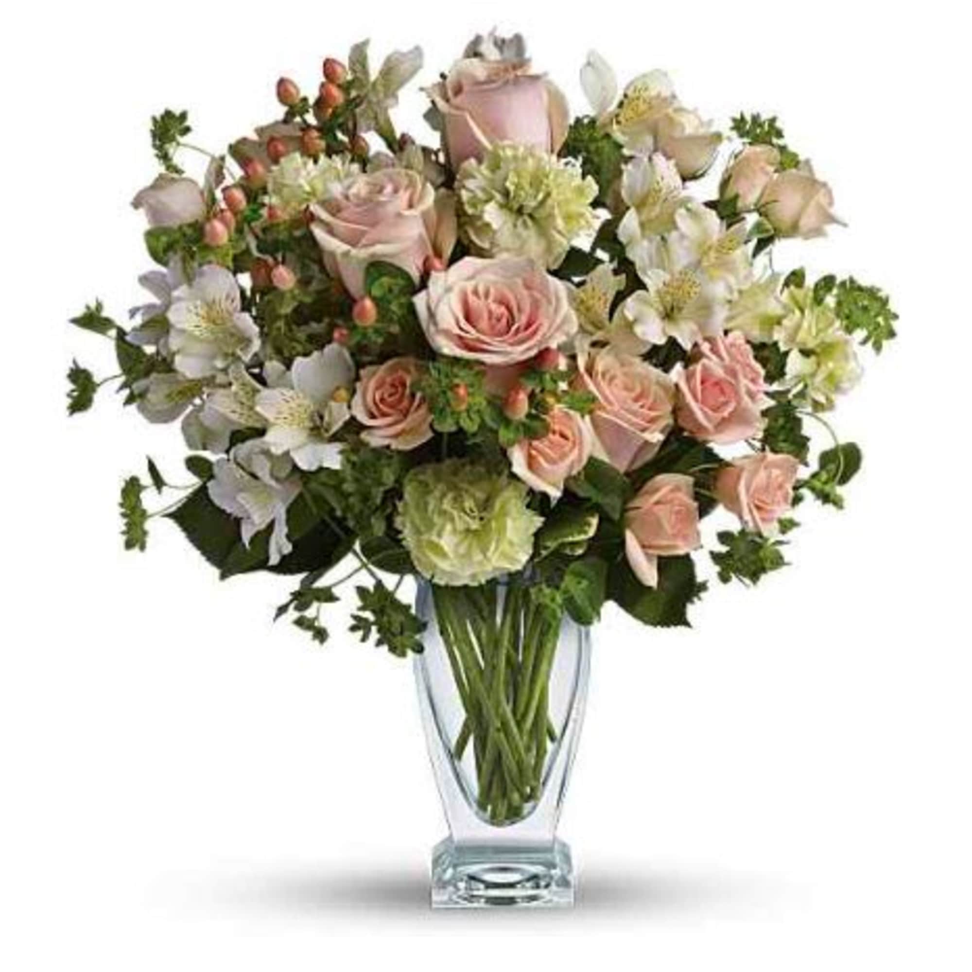  Pet Friendly?
NO . This arrangement includes hydrangea, alstroemeria, and hypericum berries