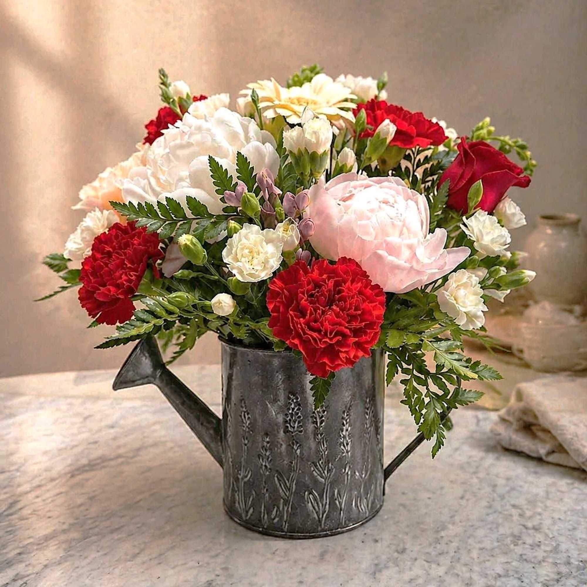 Soft pink peonies and crimson roses nestle together in a decorative metal