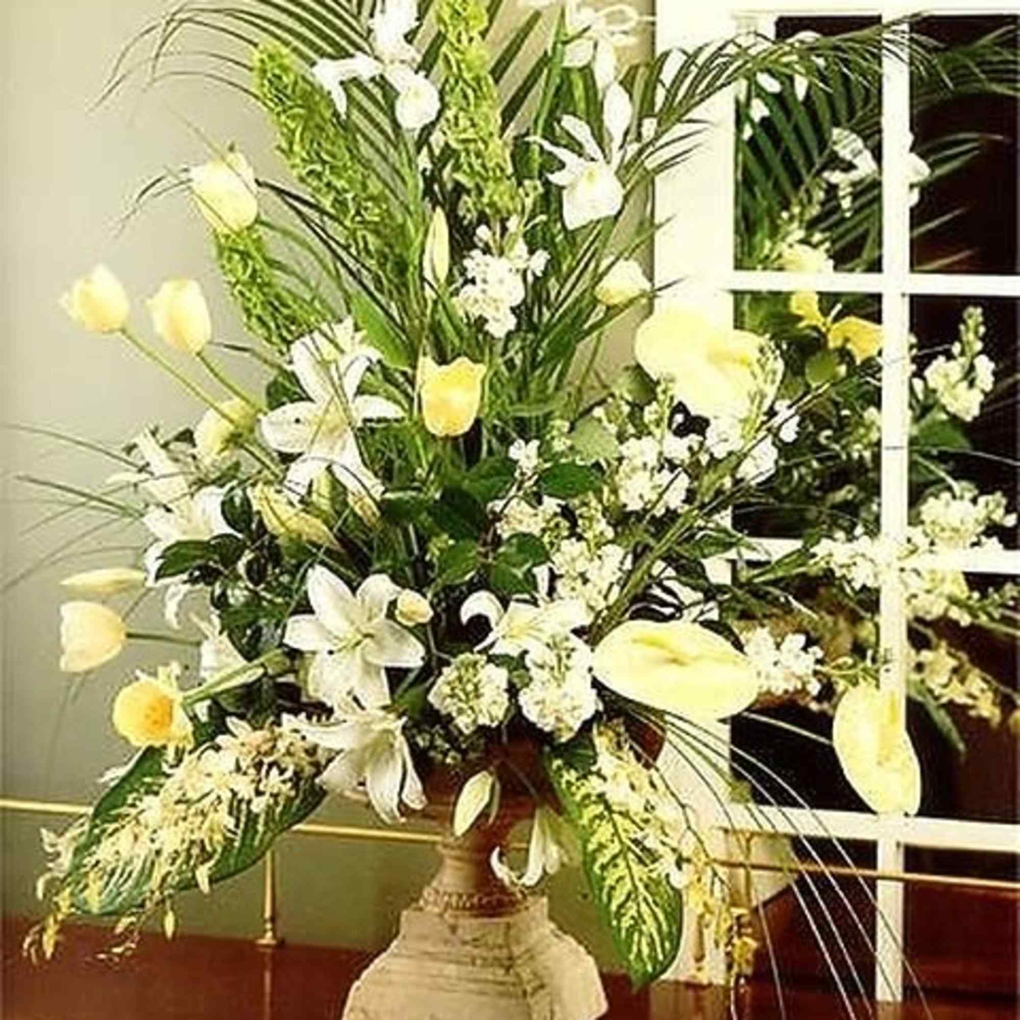 In the corporate world, a breathtaking floral display in an urn is