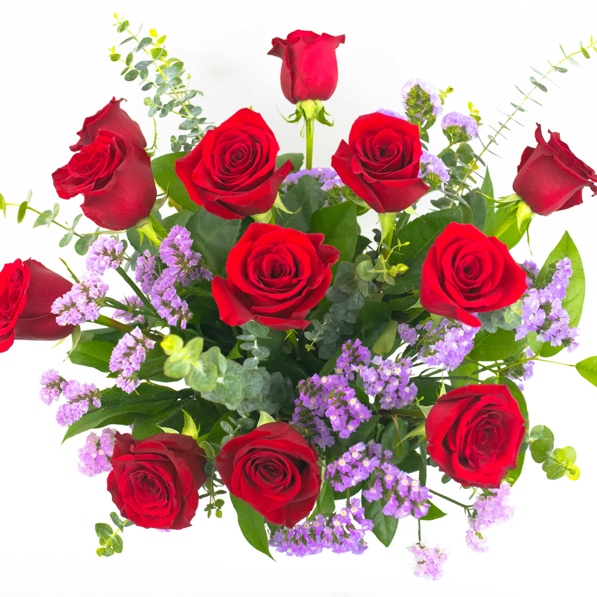 Bouquet of red roses with purple filler flowers