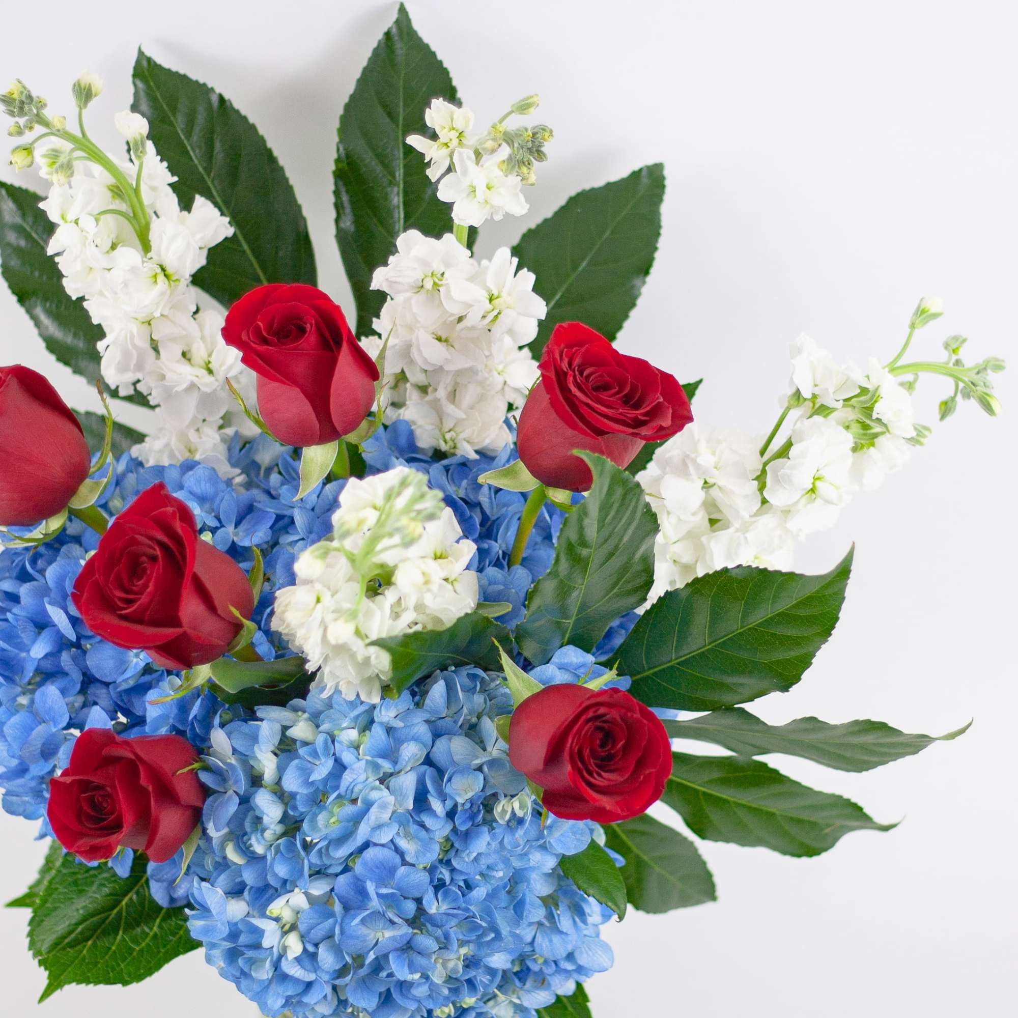 Red roses with blue and white hydrangeas in a bouquet