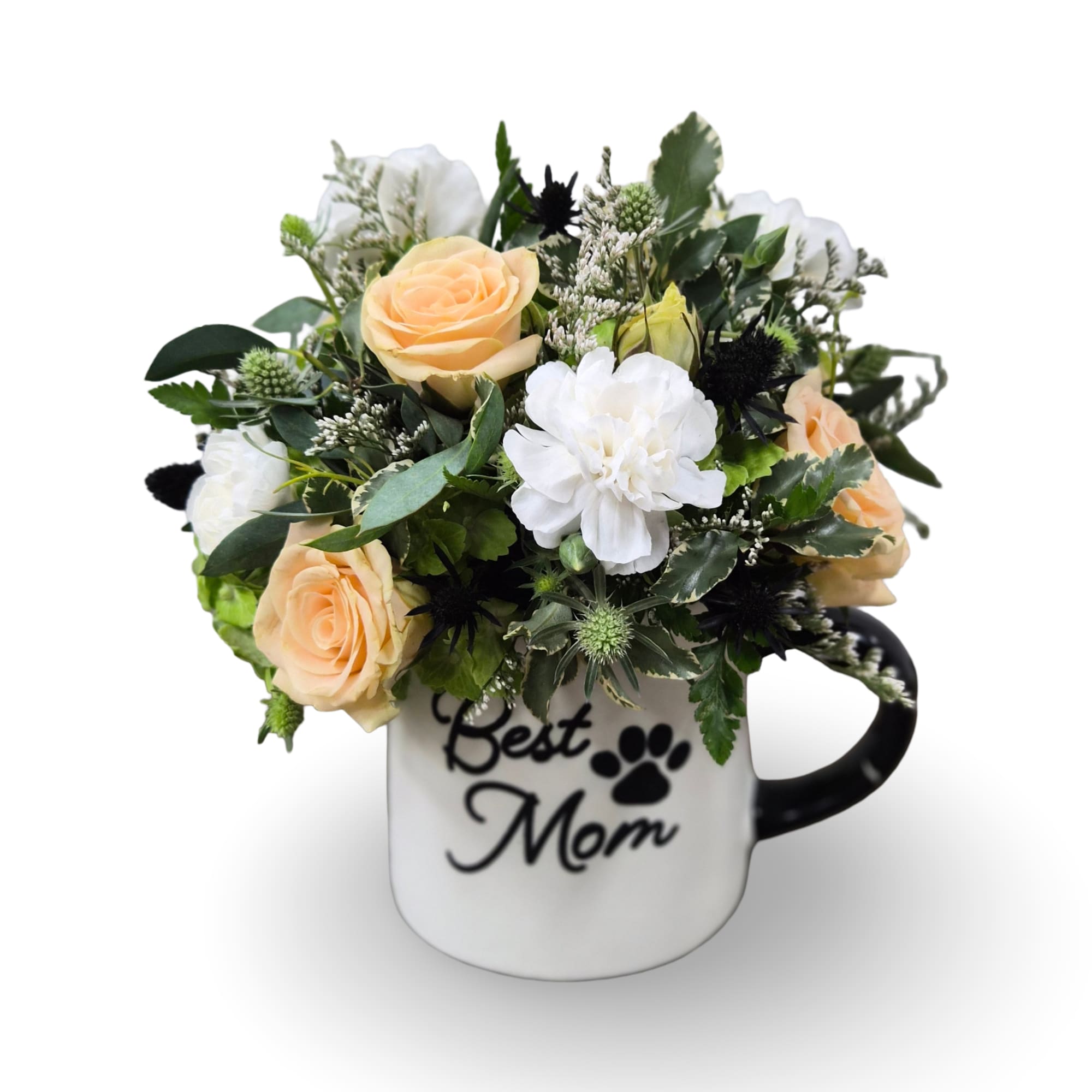 Peach roses and soft white blooms are arranged compactly in a white