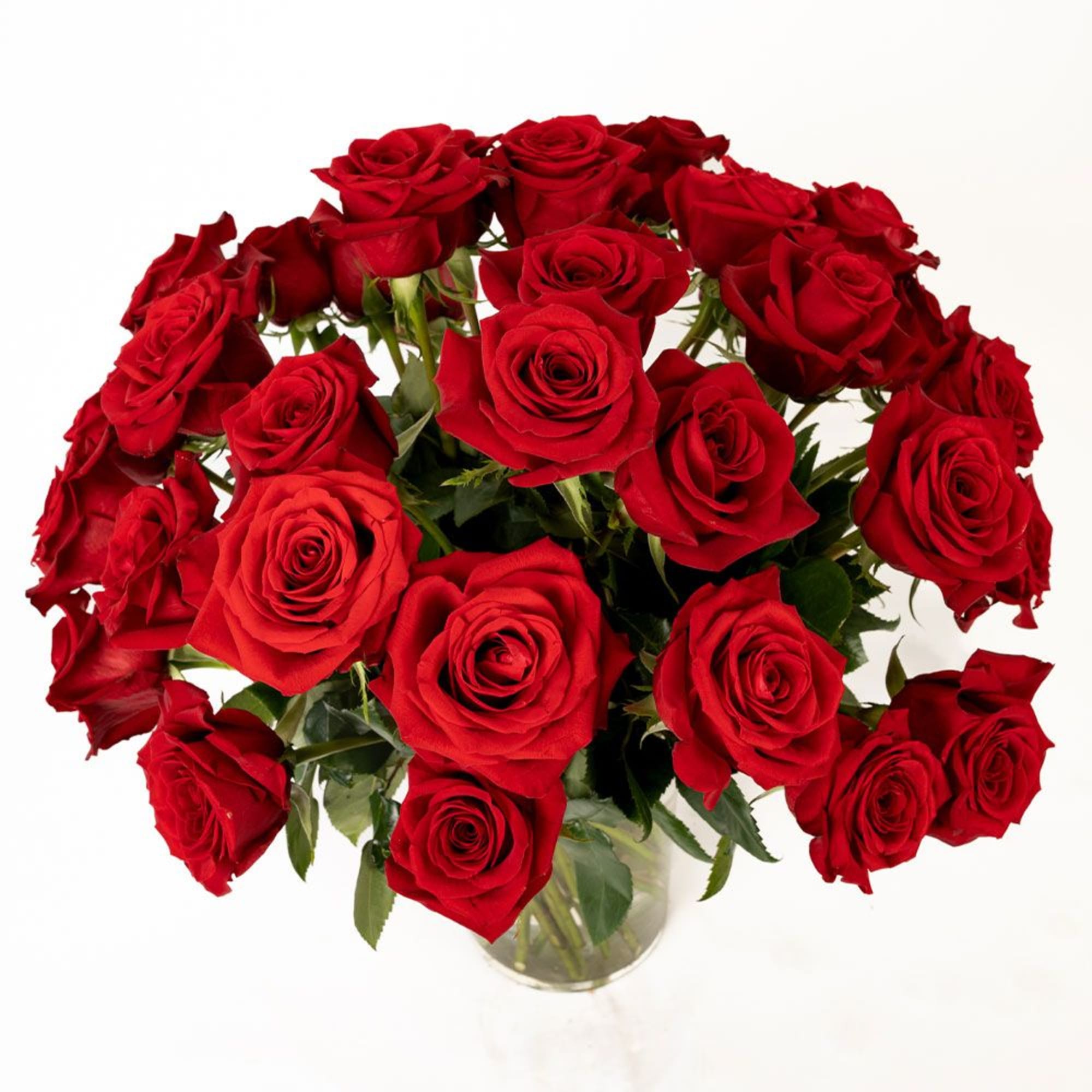 Large bouquet of red roses arranged in a clear glass vase
