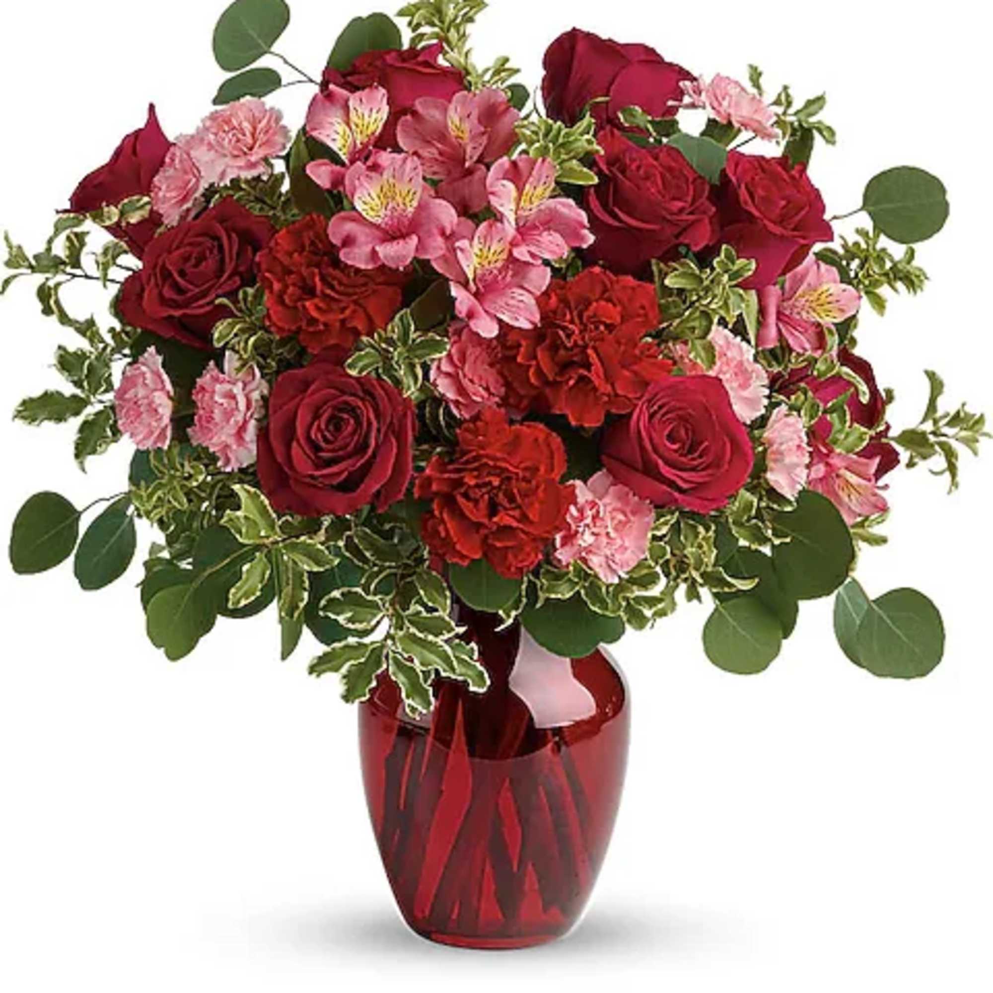 The belle of the ball! Arranged in a ruby red vase, this