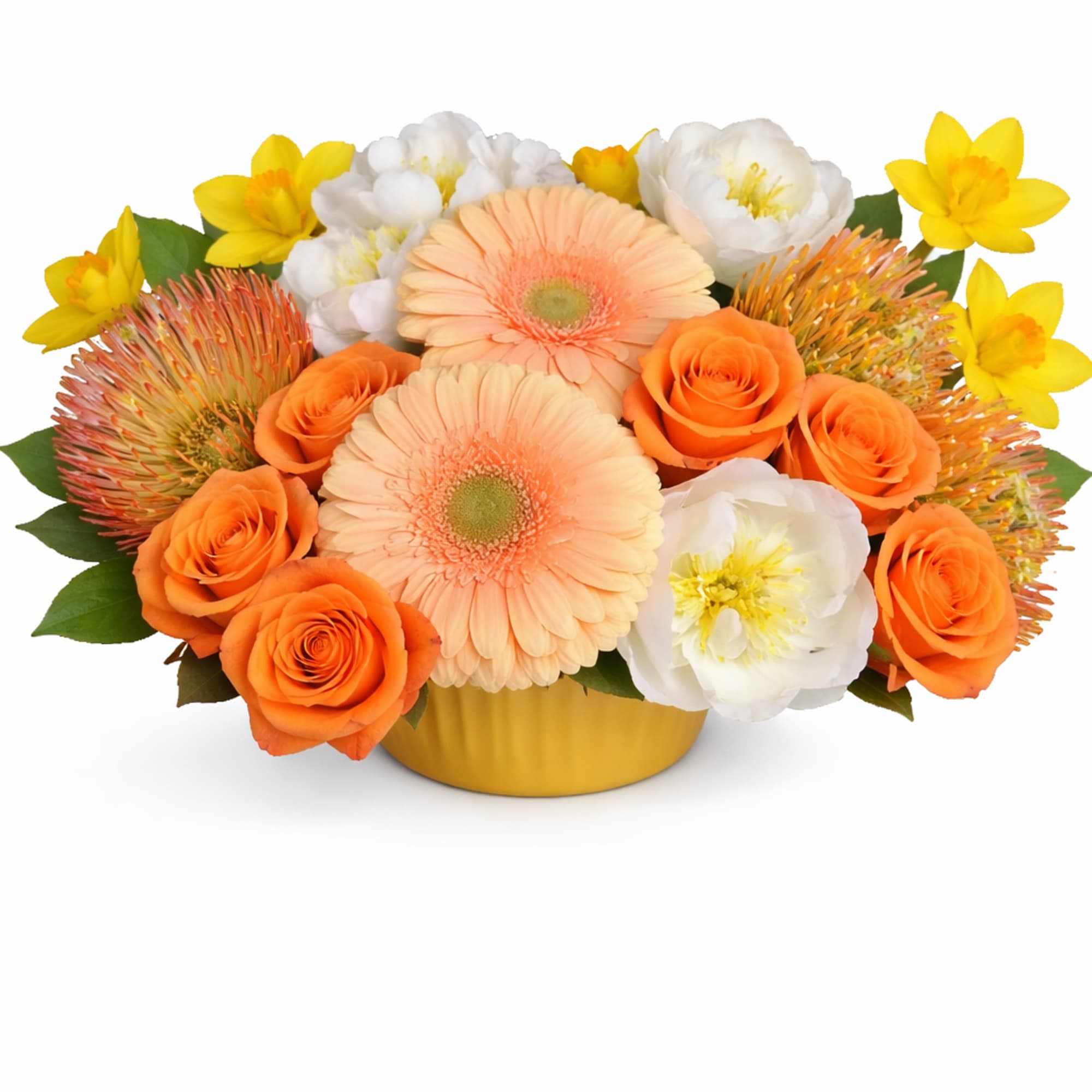 Peach gerbera daisies, peonies, hydrangea, protea, roses, and daffodils in a ceramic