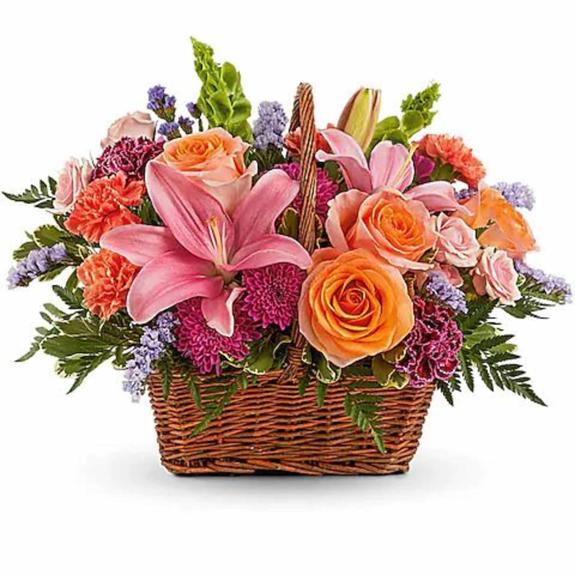 Spread joy with this basket of bright blooms, featuring radiant roses and