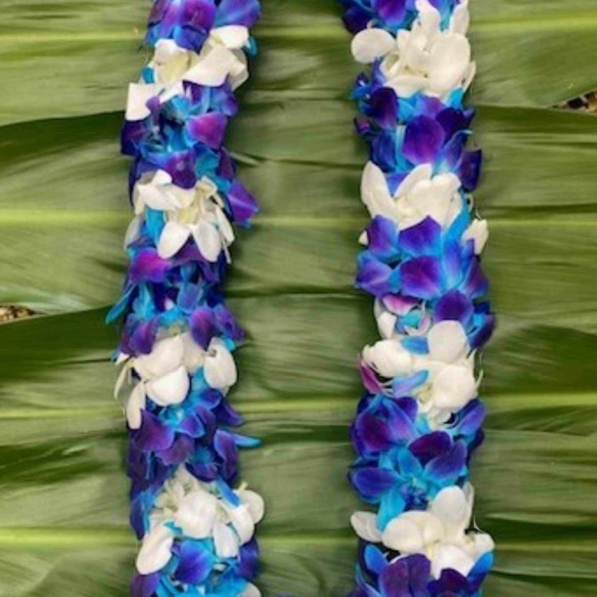 Blue, purple, and white flower lei on green leaves