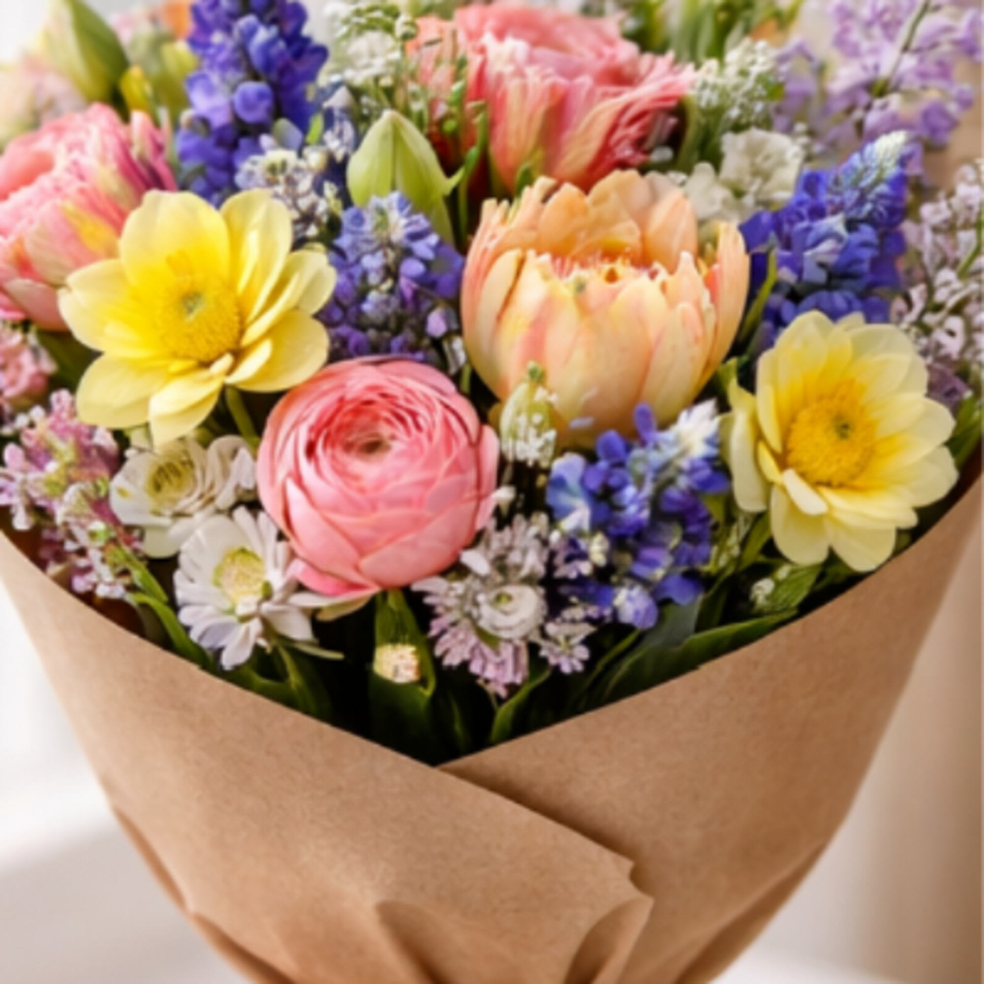 Hand-tied bouquet of pink and yellow flowers with purple accents wrapped in brown kraft paper