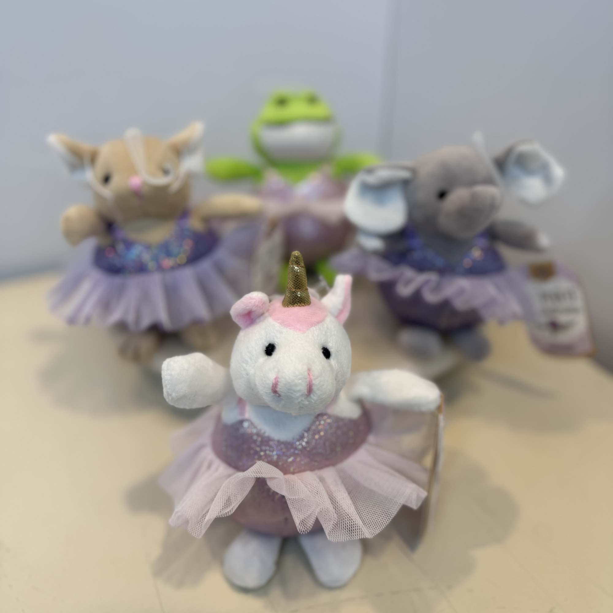Mini plush ballerina animals dressed in glittery tutus. Featuring adorable characters like