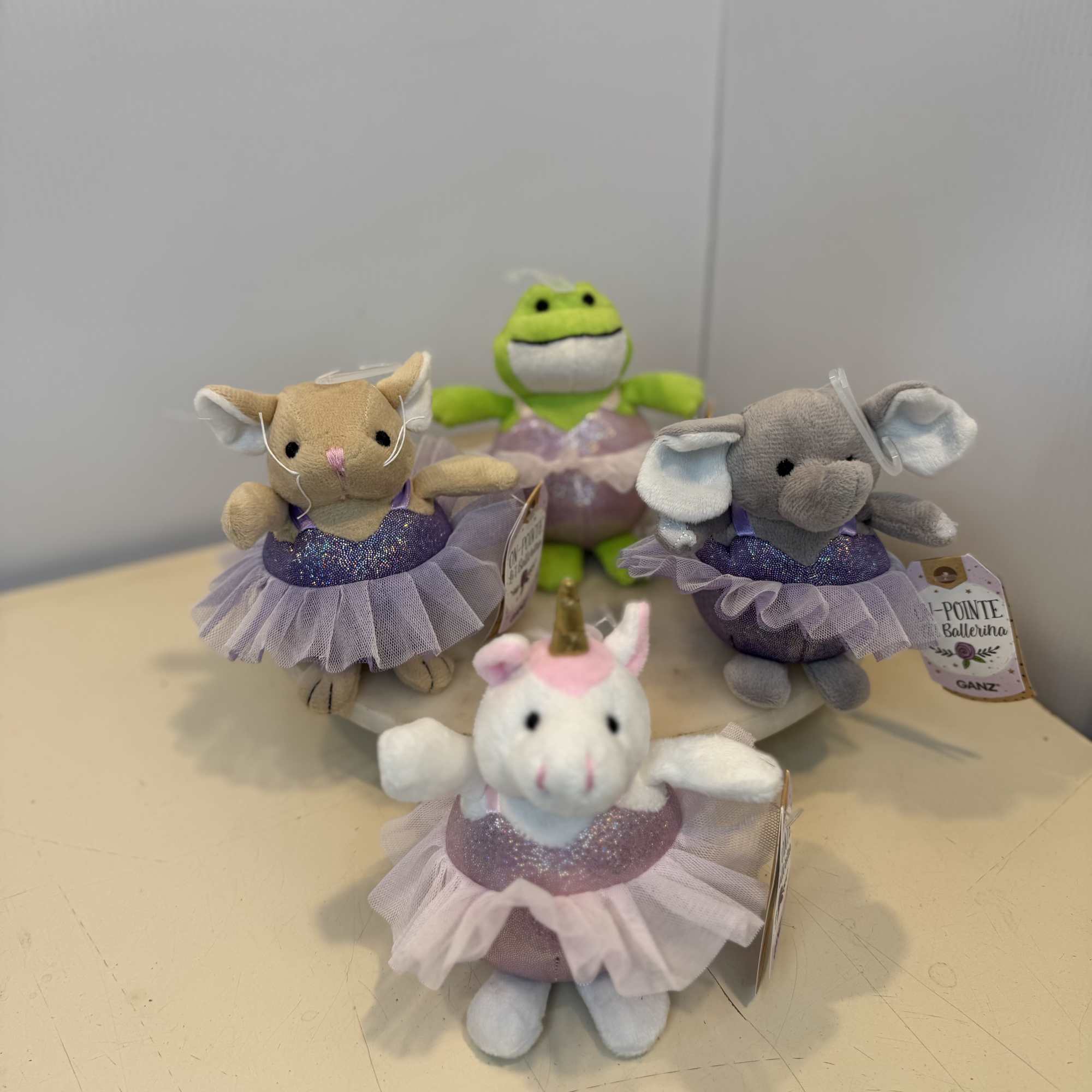 Mini plush ballerina animals dressed in glittery tutus. Featuring adorable characters like