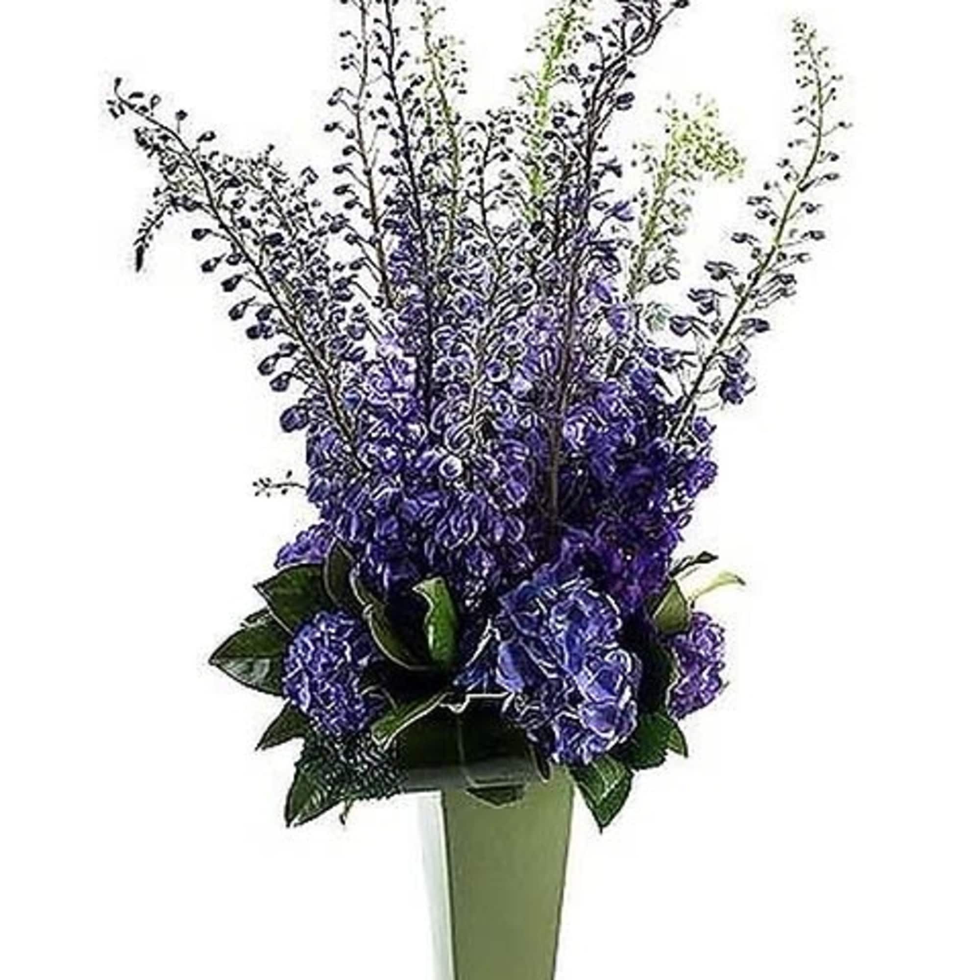 Blue delphinium and hydrangea arranged in a beautiful vase is a great