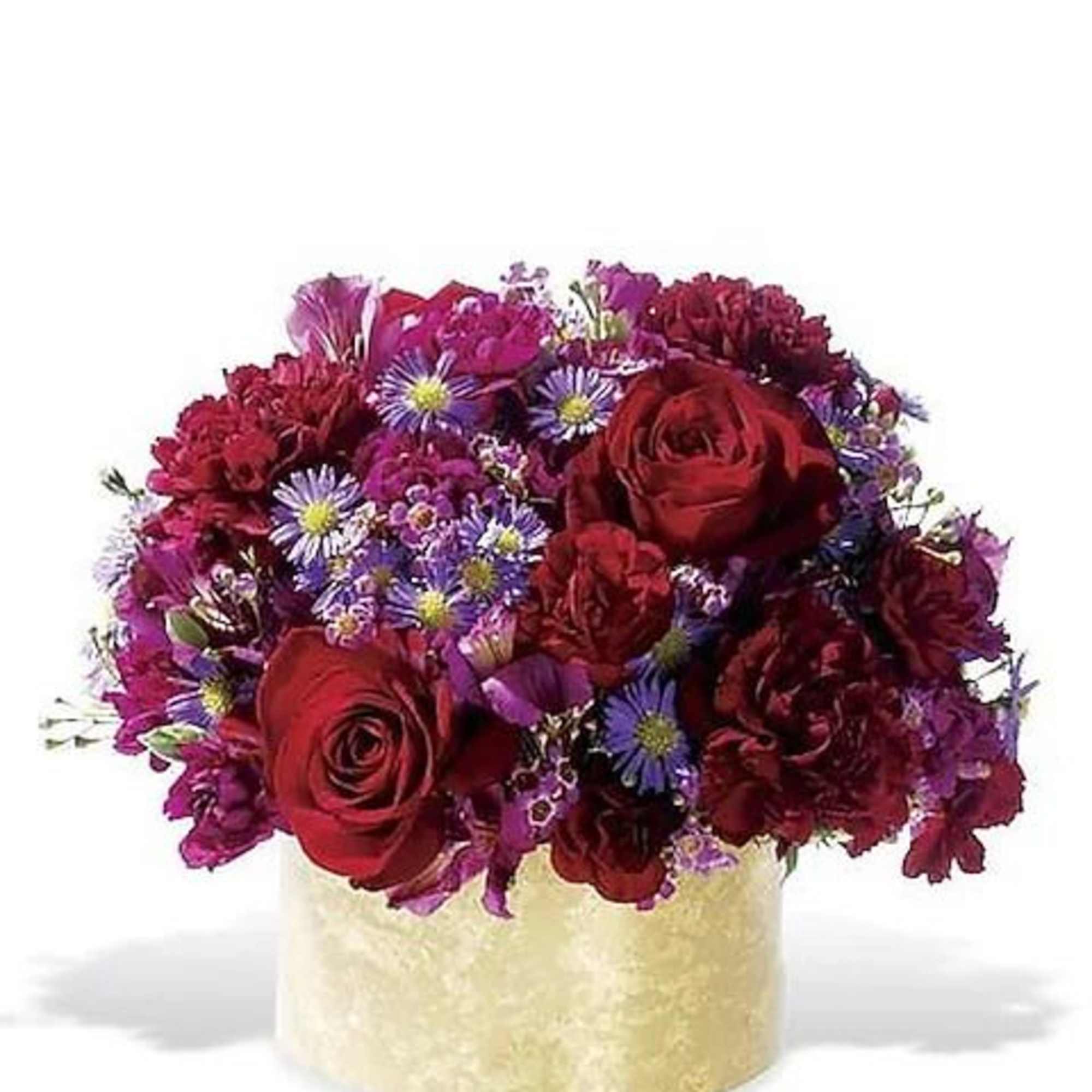 Brilliant jewel tones of red, burgundy, purple and pink combine in this
