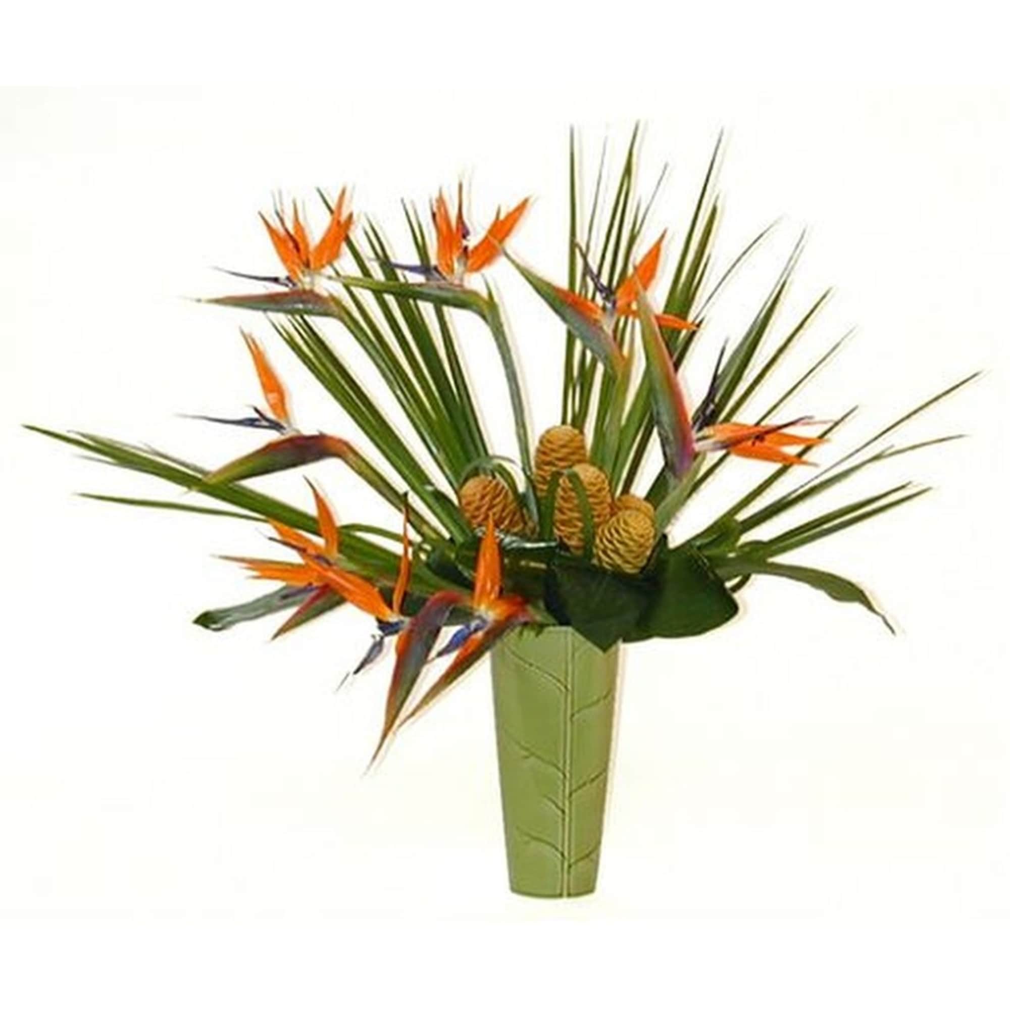 Tall green vase with orange tropical flowers and palm fronds in a fan-like arrangement