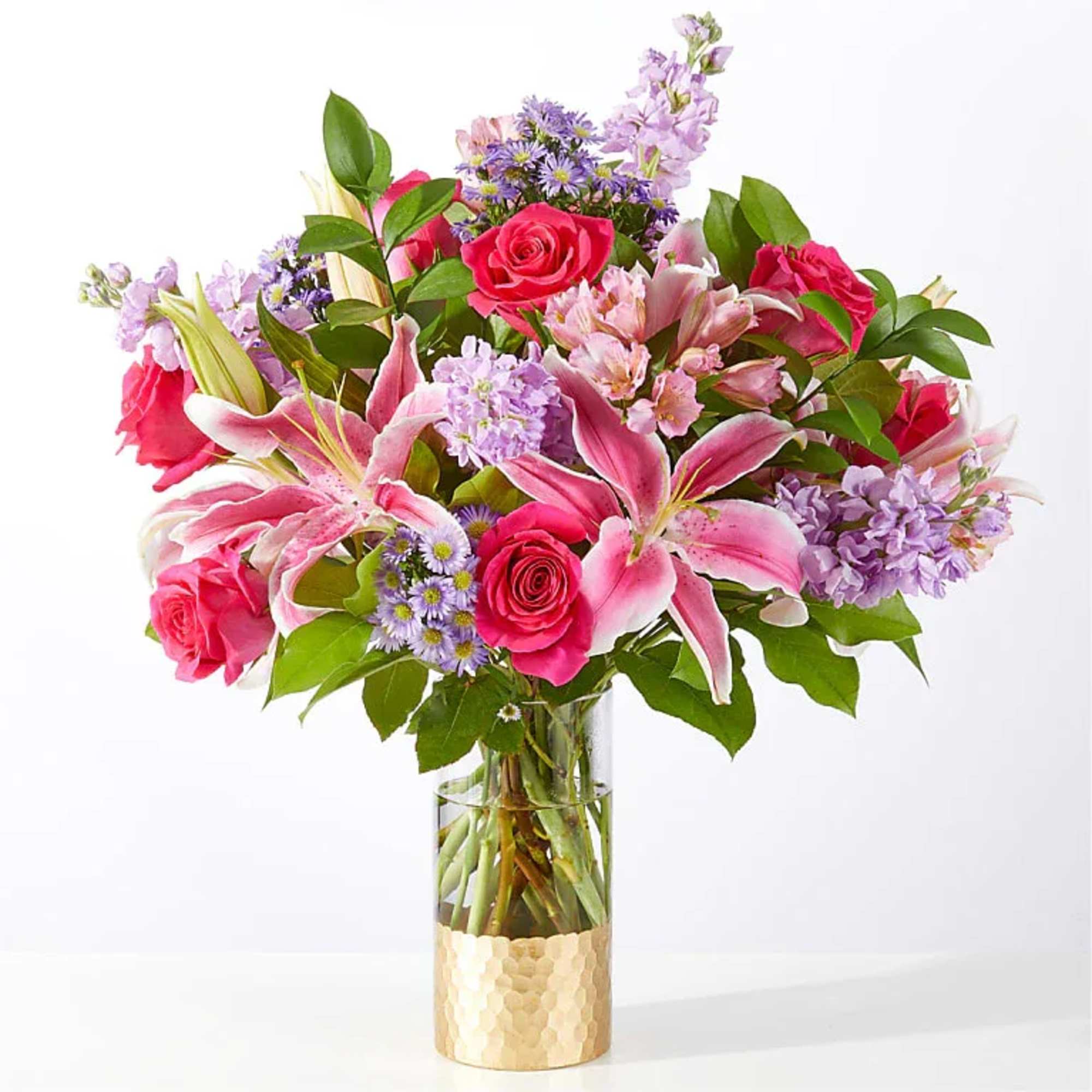 Hot pink roses, lavender stock and pink alstroemeria are fated together in