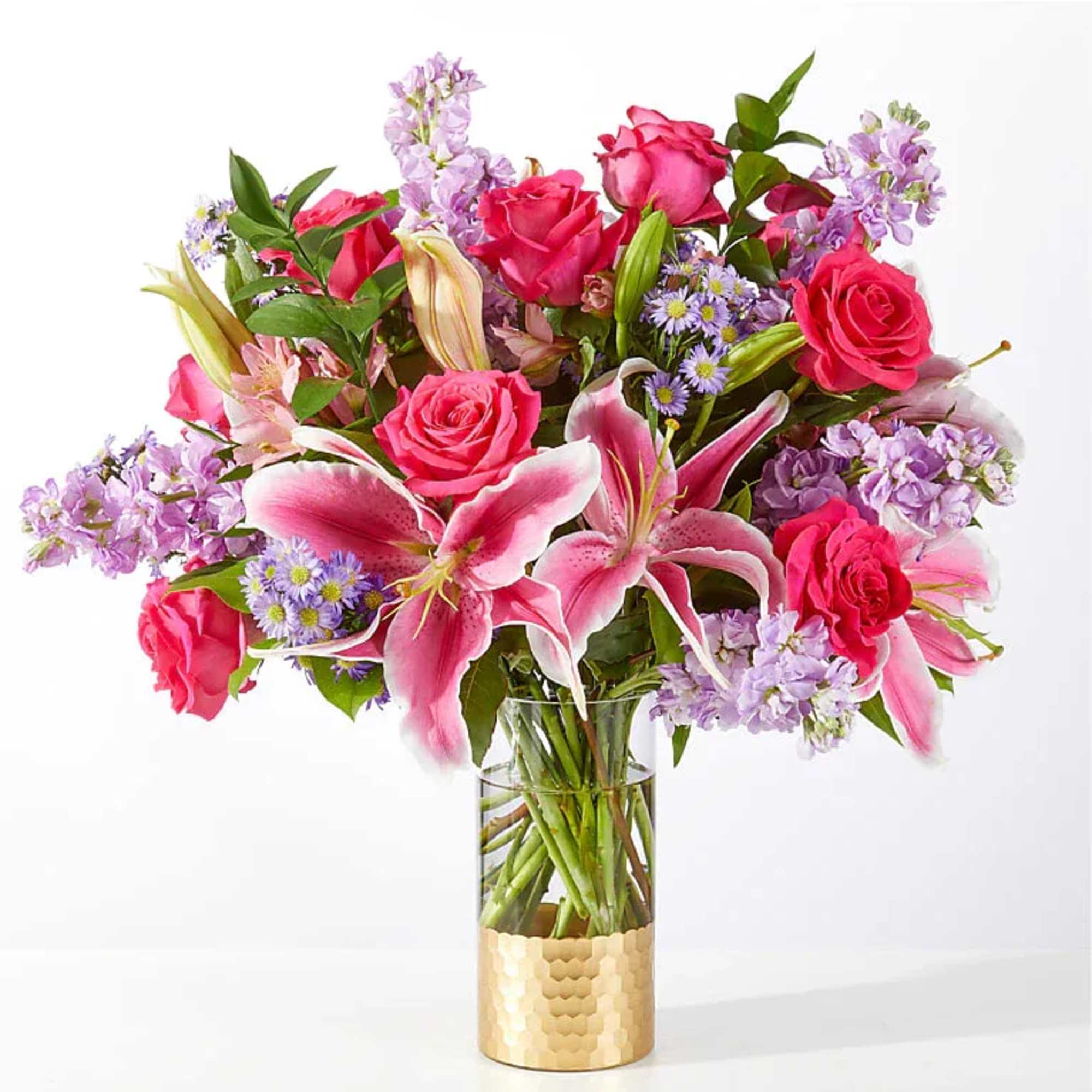 Hot pink roses, lavender stock and pink alstroemeria are fated together in