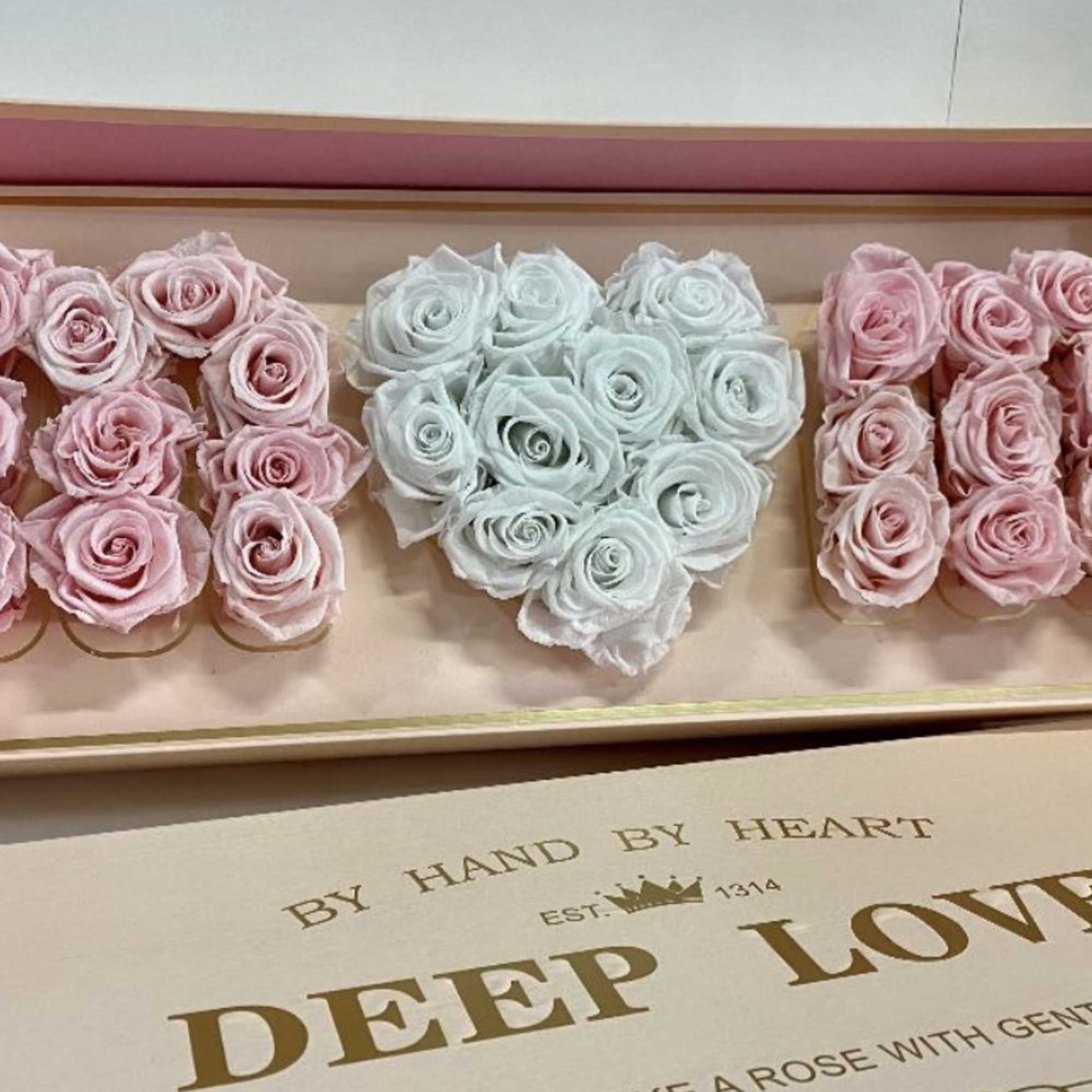 Box of pastel roses arranged in three heart shapes
