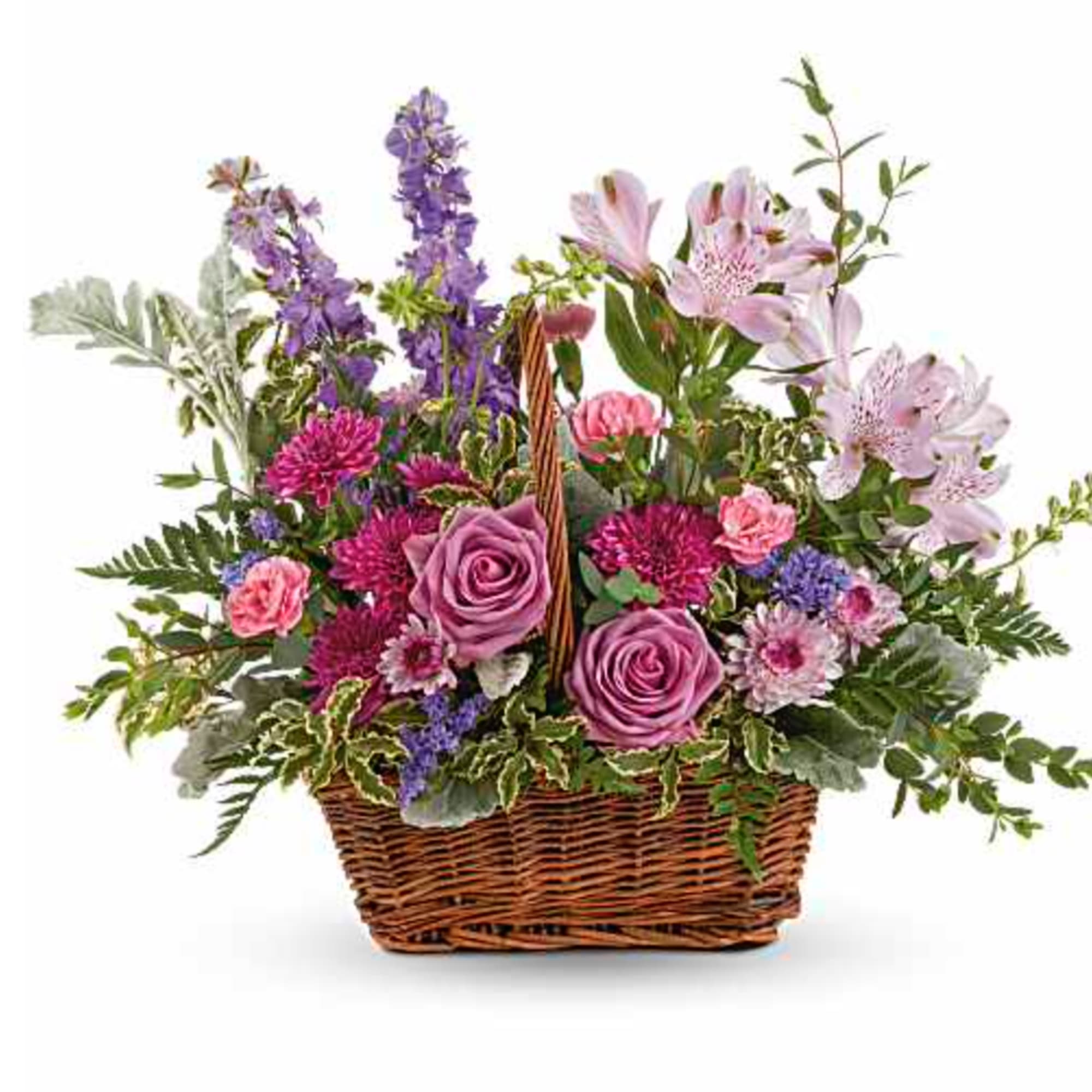 This lush lavender rose arrangement is a basket of beauty to brighten