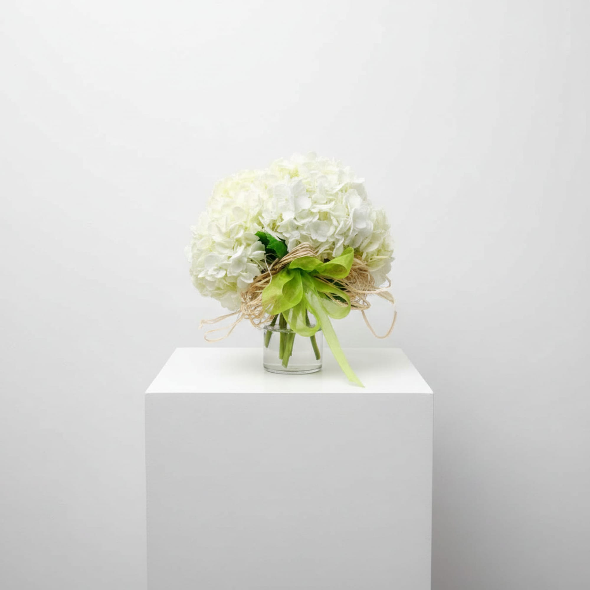 White hydrangea bouquet in a glass vase with a green ribbon
