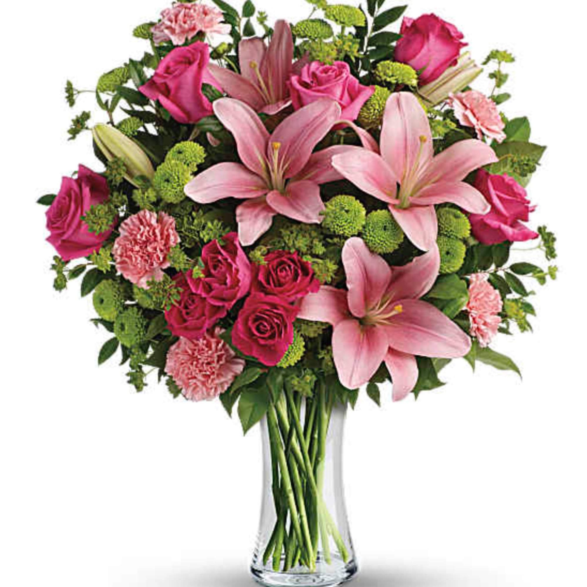 What's better than pink? More pink! This blissful bouquet of roses and