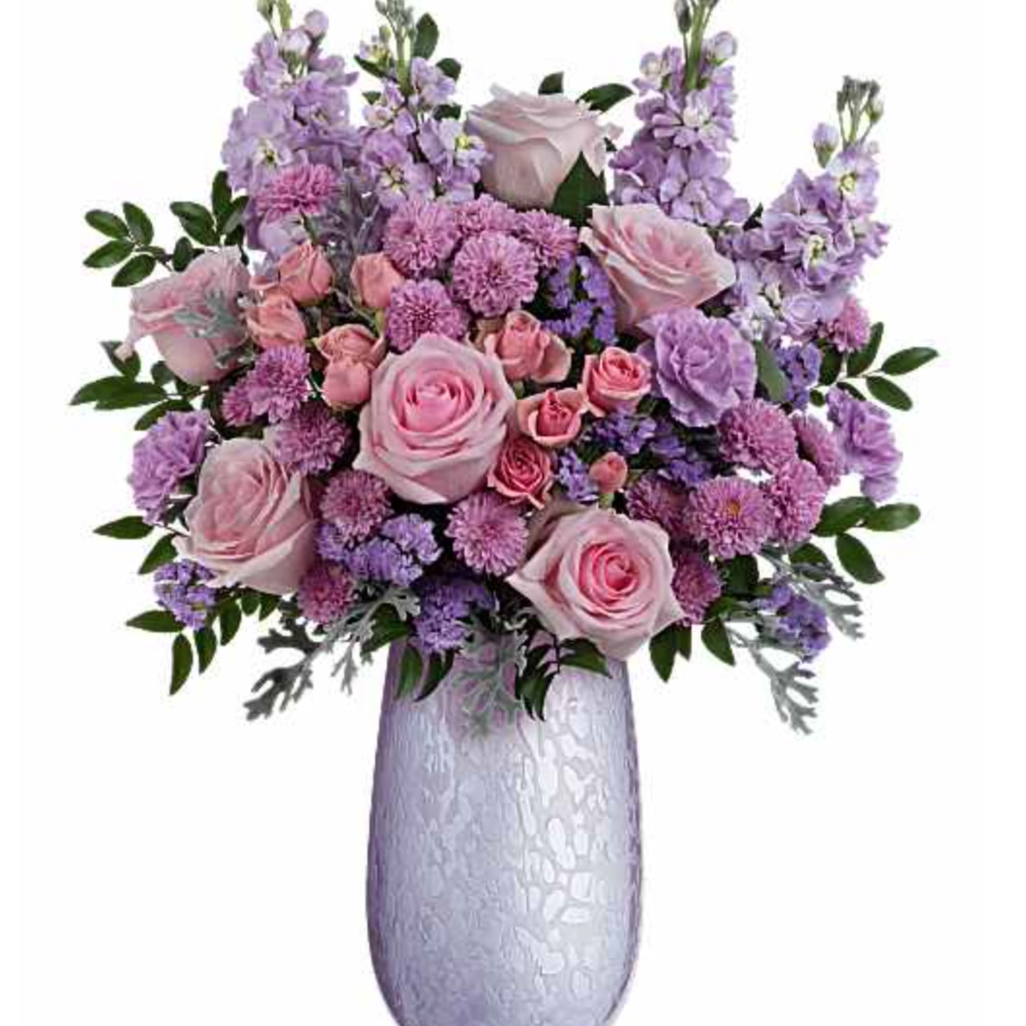 What a treat! Overflowing with pink roses and lavender blooms, this stunning