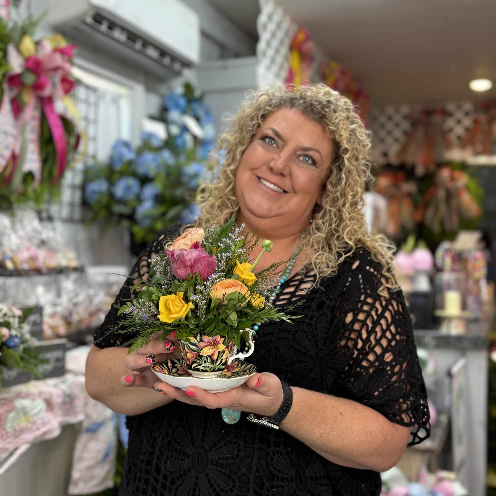 Our Vintage Teacup Arrangements are truly one-of-a-kind treasures 
Each piece is designed