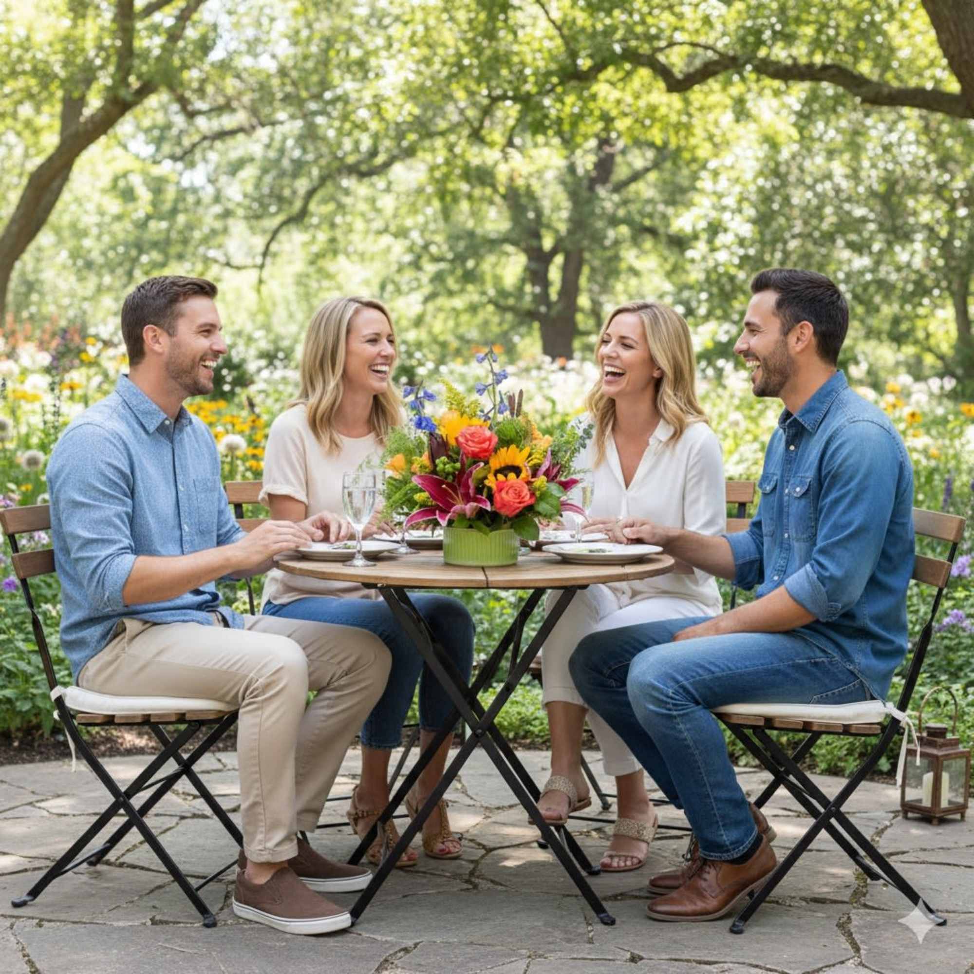 Mixed flower centerpiece on a round table with four people seated outdoors