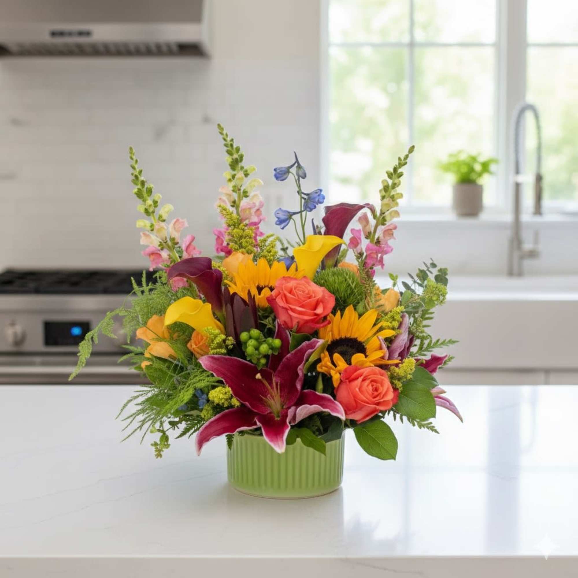 Mixed bouquet in a green vase with sunflowers, roses, lilies, and calla lilies