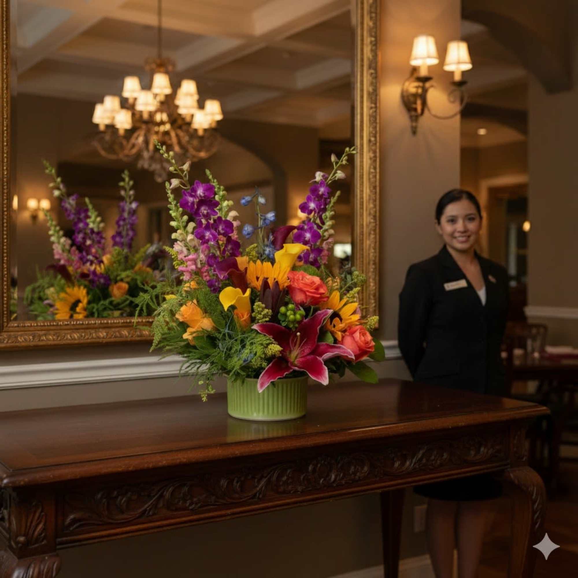Colorful floral arrangement in a green vase on a wooden table