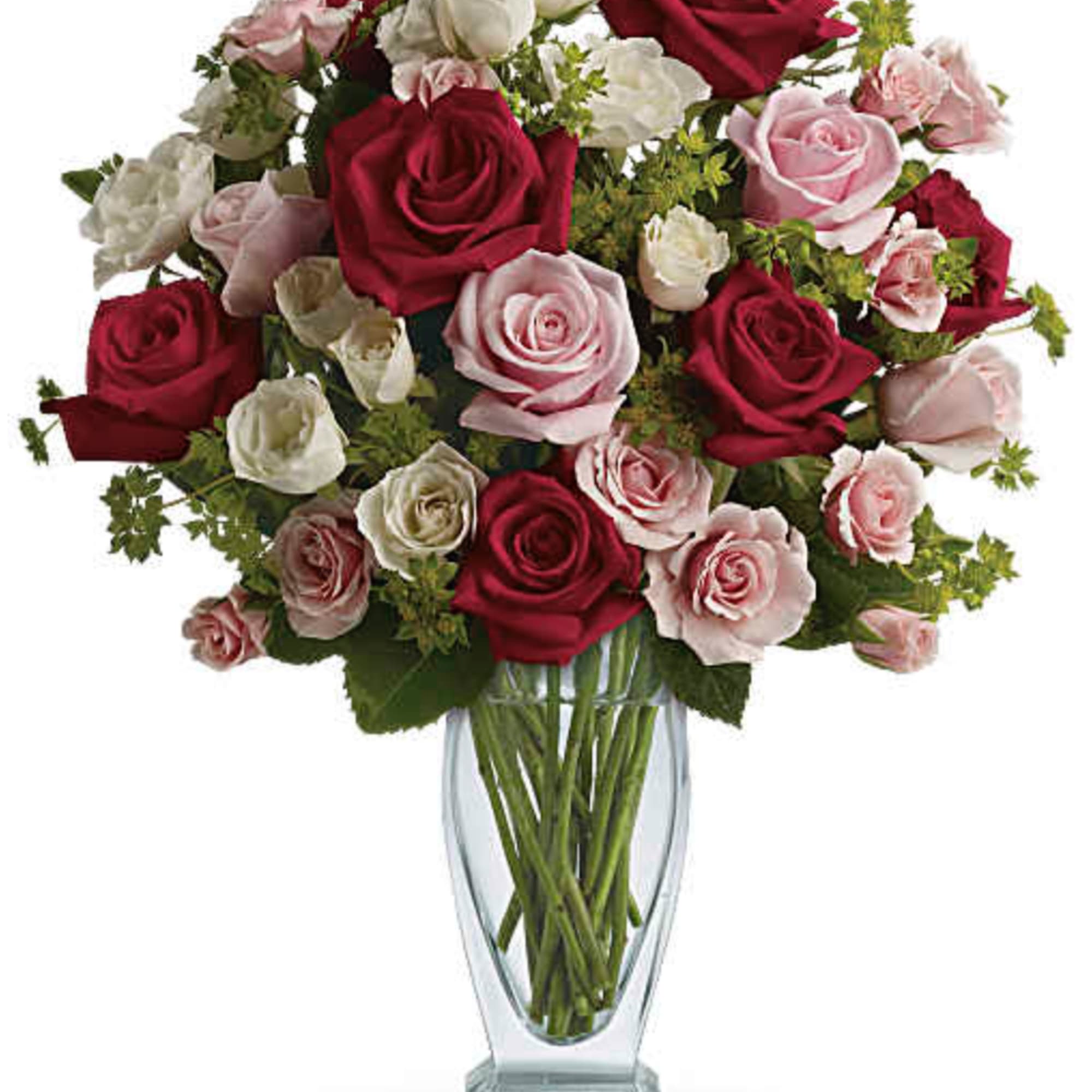"Love her tender" with silky red, pink and white roses artistically arranged
