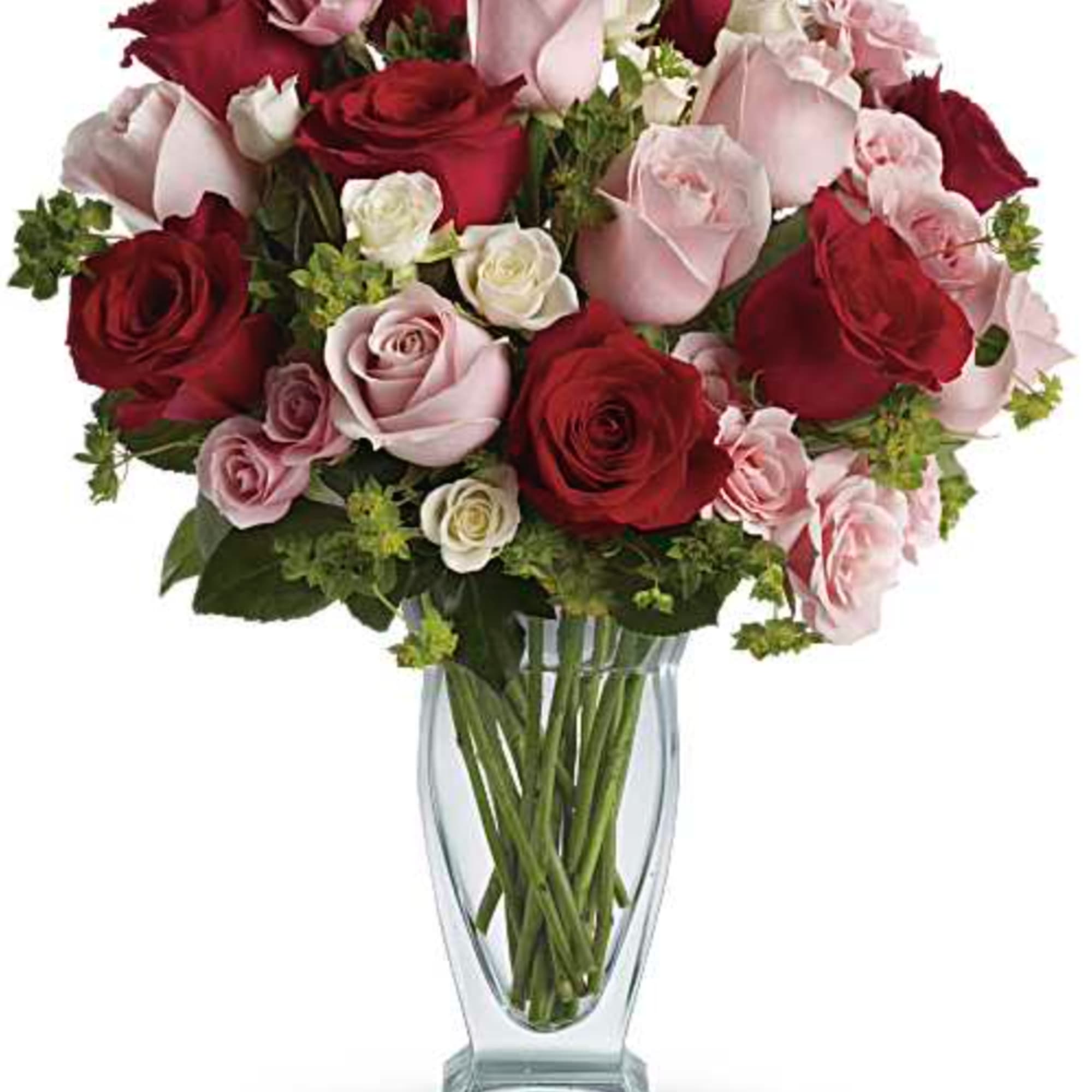 "Love her tender" with silky red, pink and white roses artistically arranged