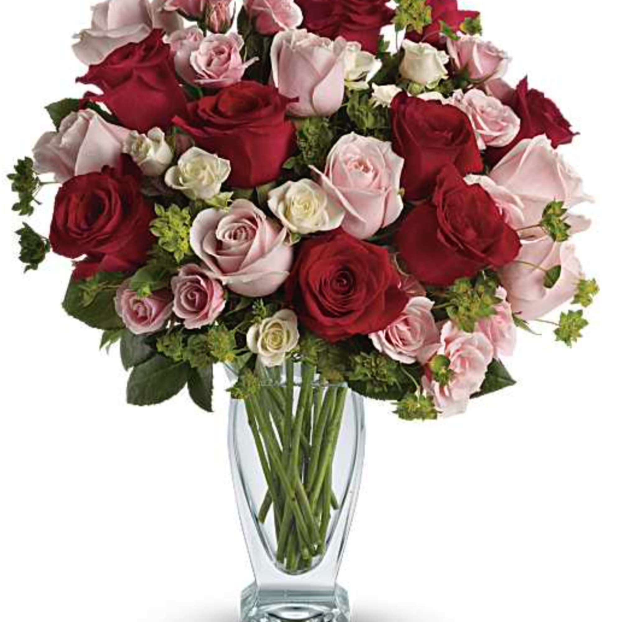 "Love her tender" with silky red, pink and white roses artistically arranged