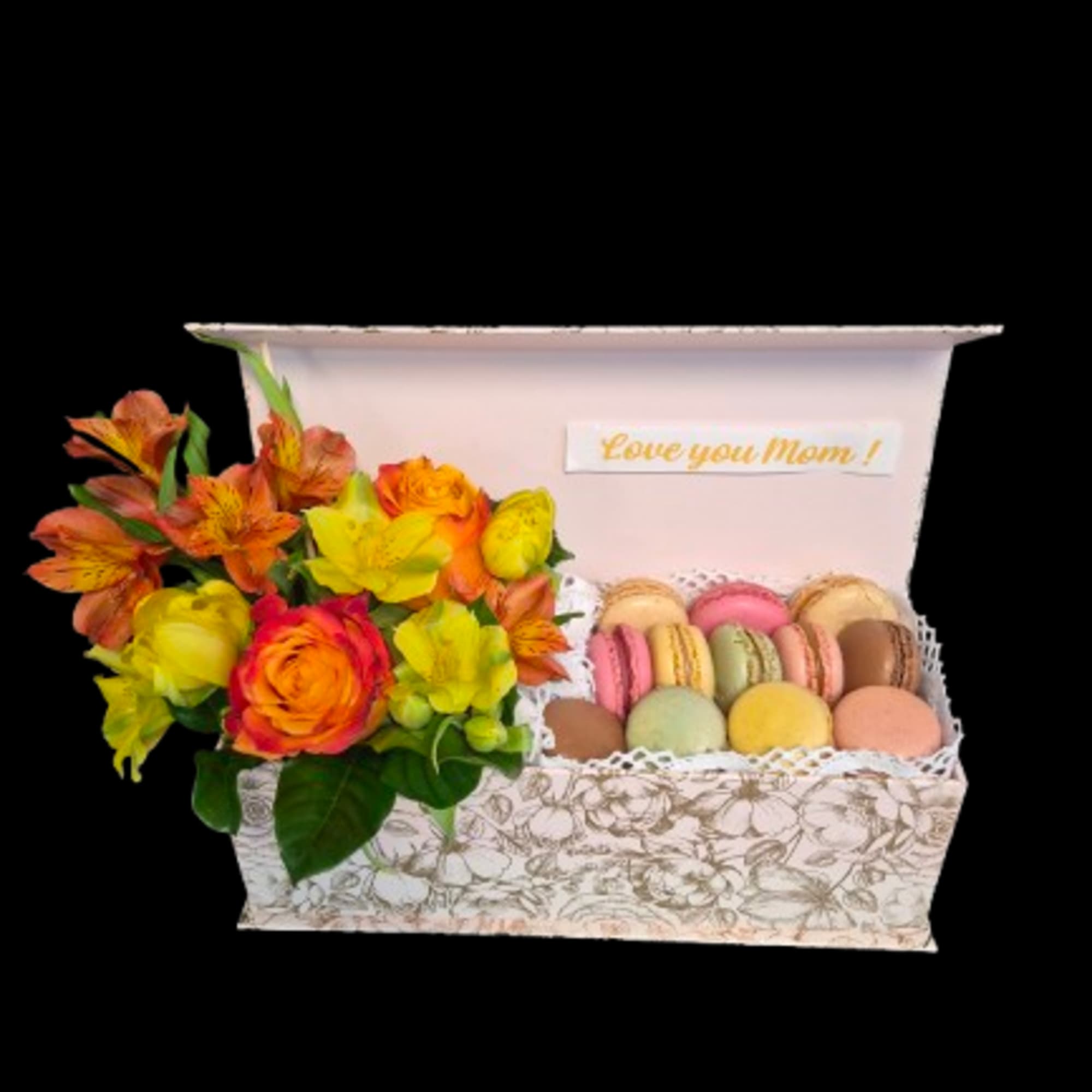 Bright clusters of orange roses paired with orange alstroemeria and yellow tulips