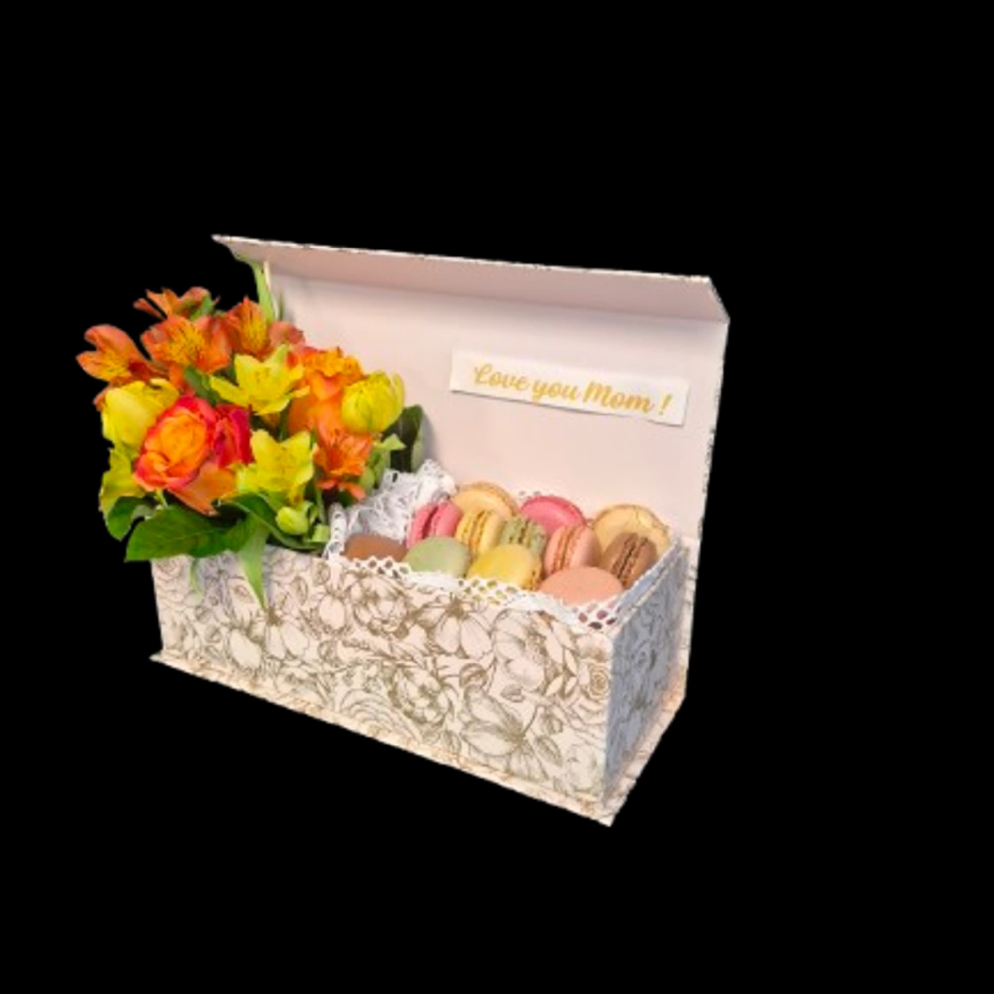 Bright clusters of orange roses paired with orange alstroemeria and yellow tulips