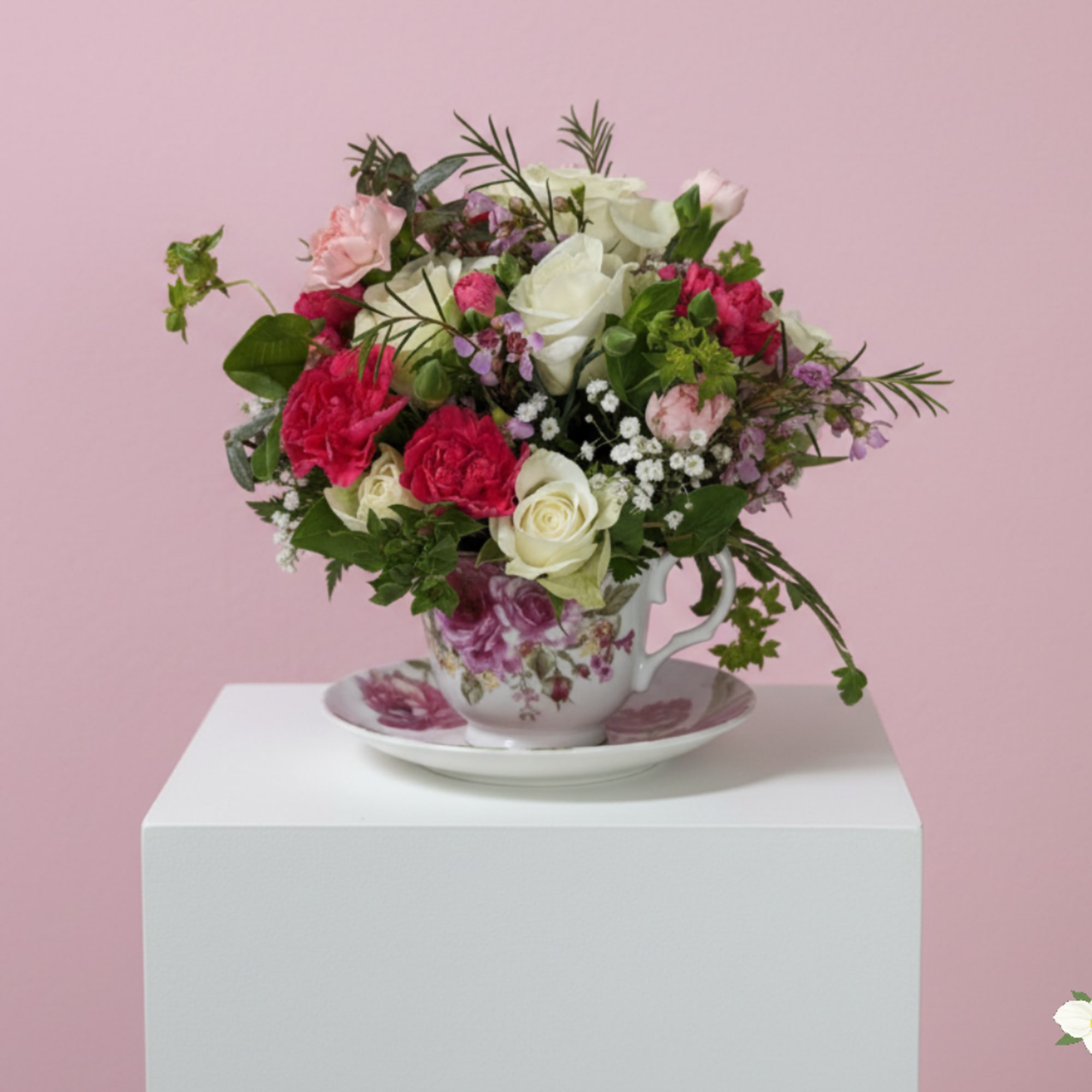 Mixed pink and white roses in a floral teacup on a saucer